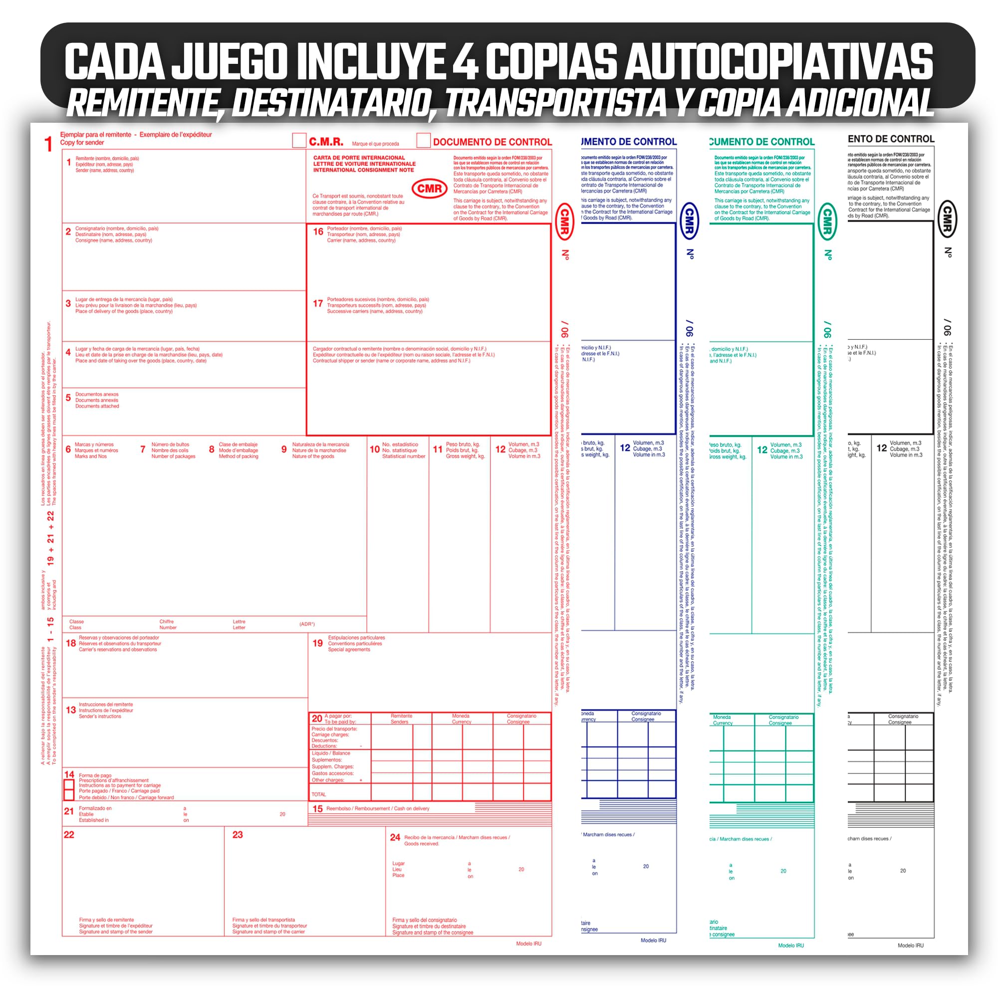 Pack 10 Talonarios CMR/DOCUMENTO DE CONTROL Autocopiativos - Transporte Nacional e Internacional - 4 Copias Numeradas - 25 Juegos Numerados - Cumple con Normativa CMR Internacional