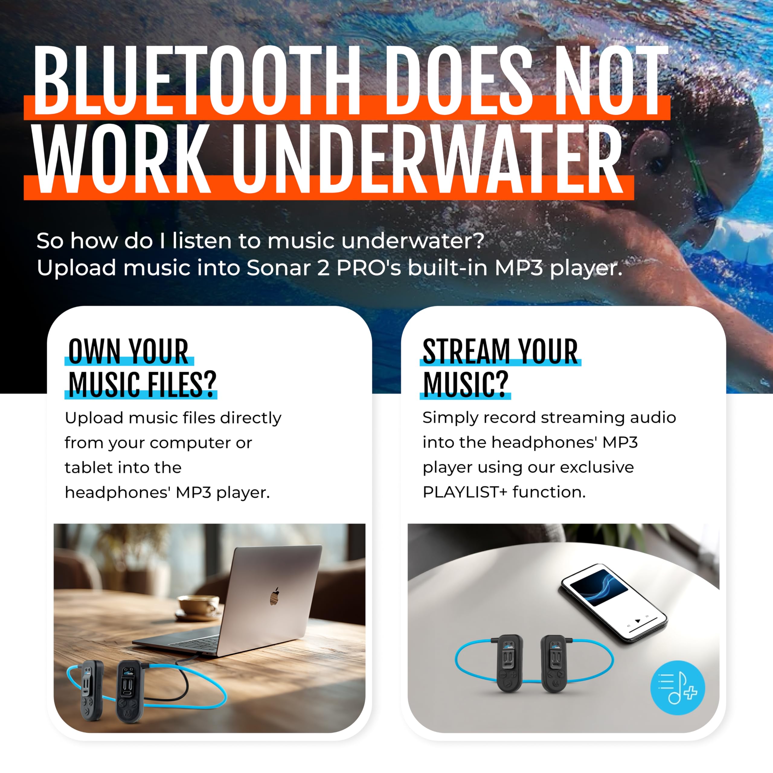 H2O Audio Sonar 2 Pro Casque étanche à conduction osseuse pour la natation – Casque sous-marin étanche IPX8 – Lecteur MP3 avec Playlist + application pour streaming Bluetooth – Autonomie de la