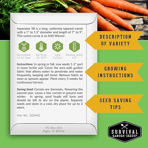 Miniatura 2 de Survival Garden Seeds - Semillas de zanahoria Imperator 58 para plantar - Paquete con instrucciones para plantar y cultivar zanahorias Danvers