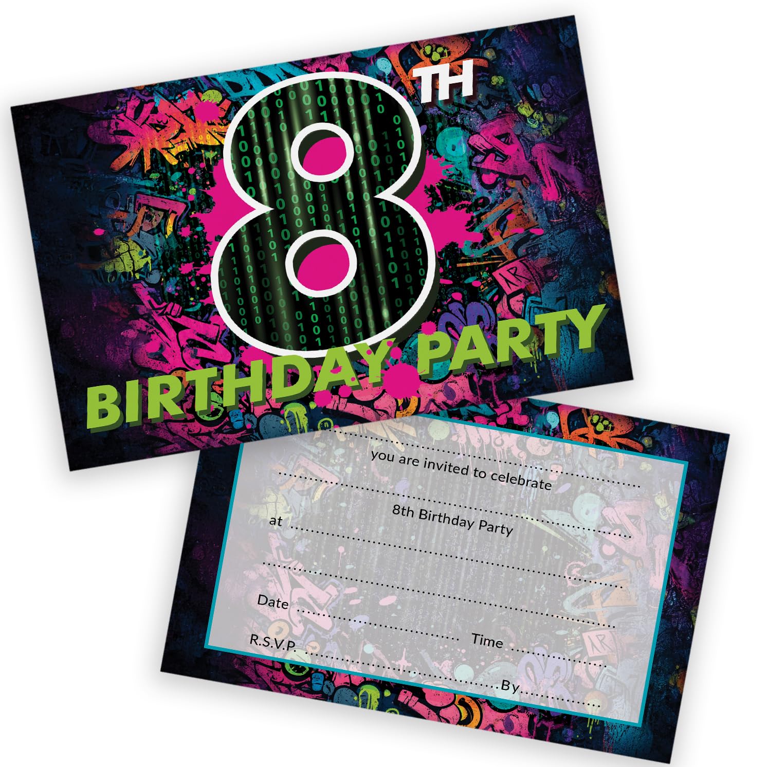 Stuff4 Playful 8th Birthday Party Invitations - Urban Energy for Their Big Day - Graffiti-inspired Bold 8 with Splashes of Pink, Green and Purple - 20 Pack, Envelopes Included