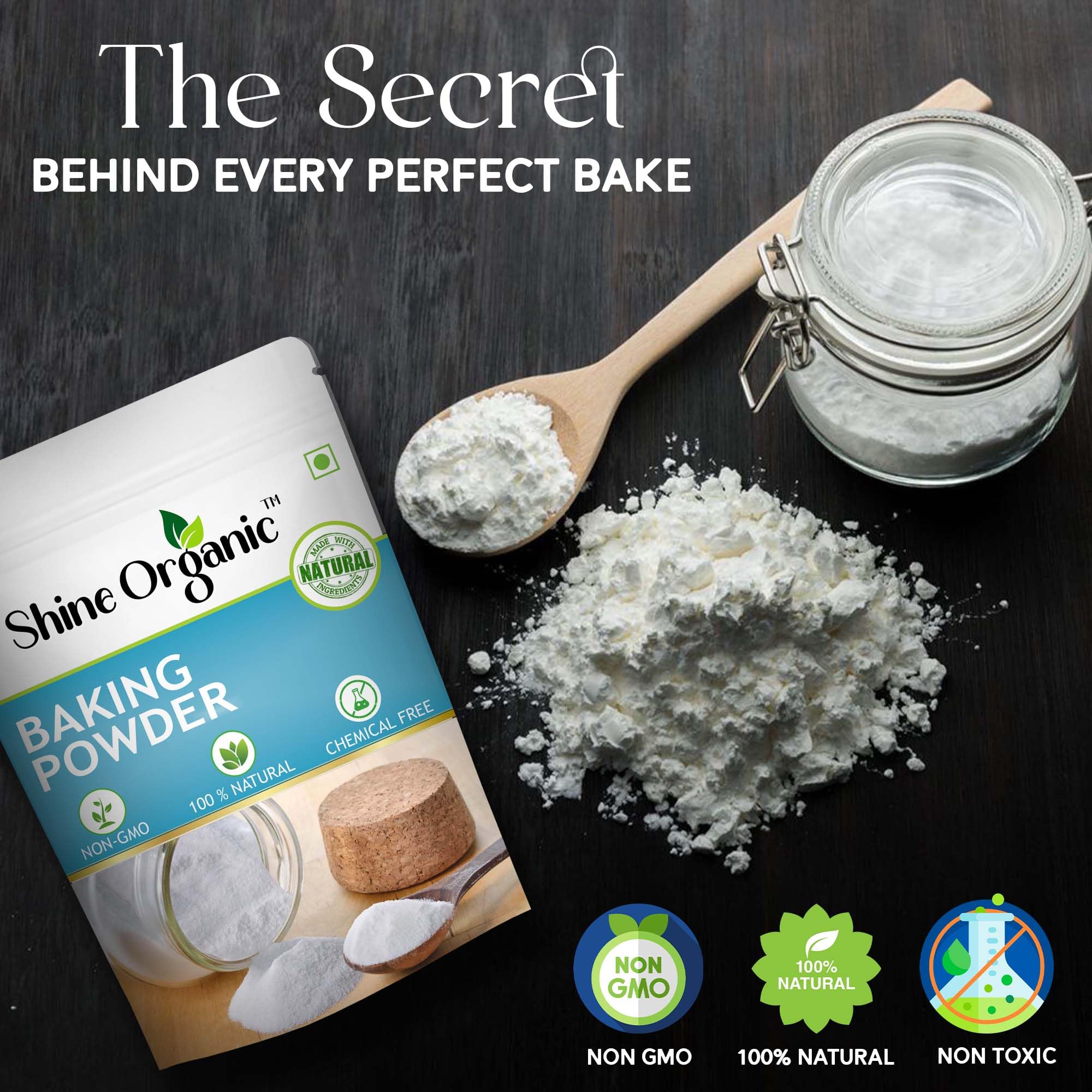 Shine Organic Baking Powder,Double Acting,Gluten-Free for Baking Cakes, Pizza, Breads, Muffins. (100gm) 1