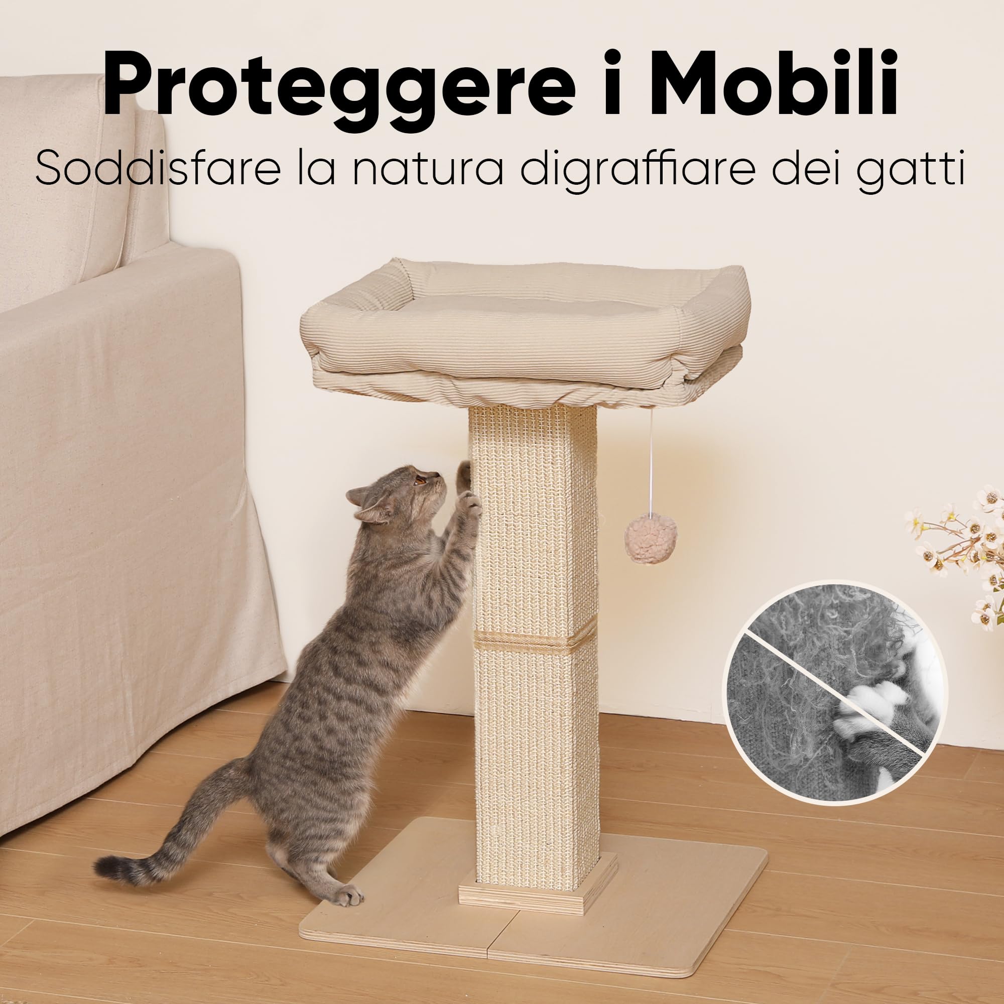 FUKUMARU Tiragraffi per Gatti, Moderno Palo Tiragraffi Alto con Cuccia per Gatti Adulti da Interno, Grande Albero Graffi con Cuccia, Struttura in Legno Massello e Sisal Naturale