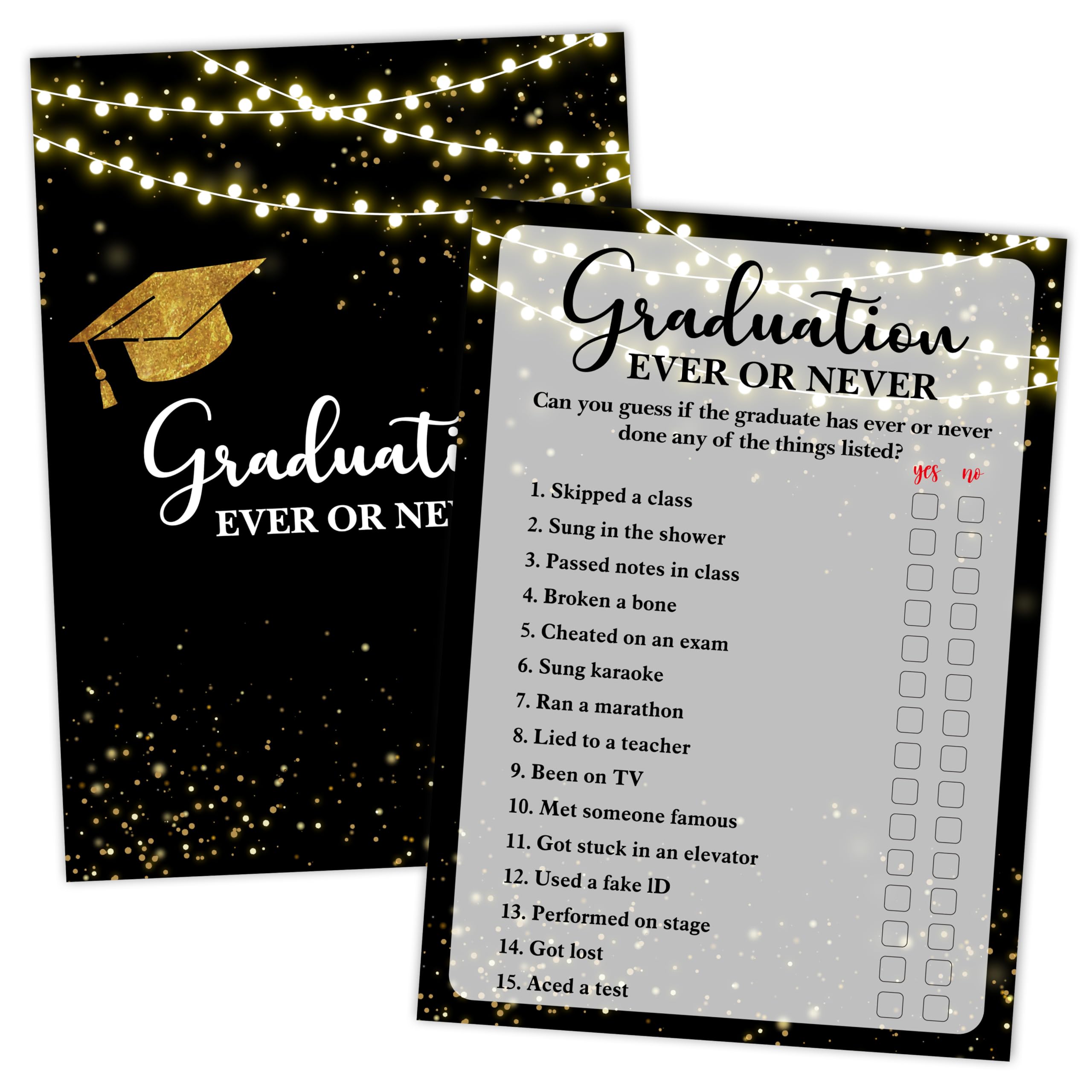 HMJKL Graduation Games, Black Gold Grad Party Game Cards for Adults, Graduation Ever or Never Games, Graduation Celebration Party Favors Supplies, 25