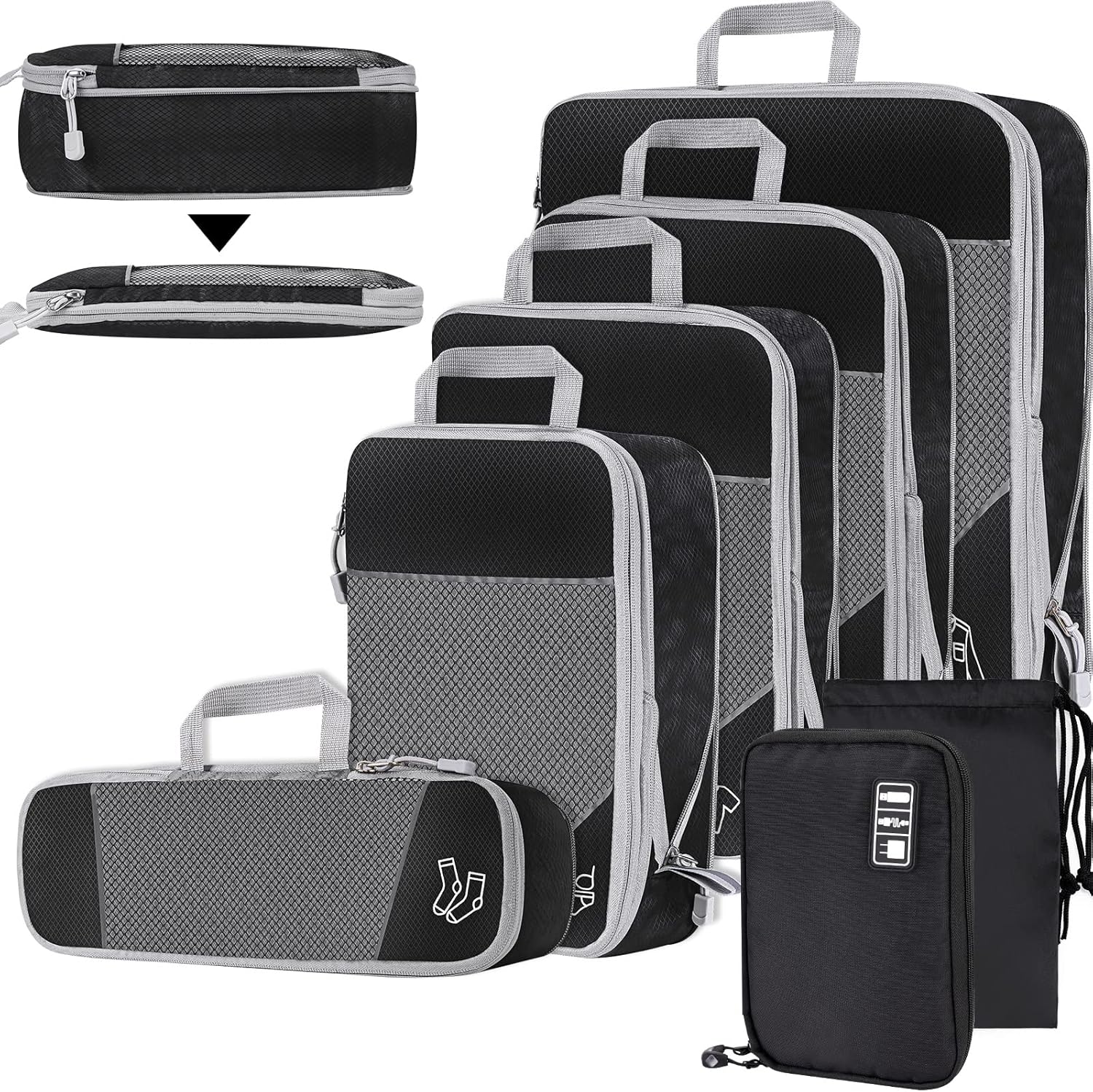 NiHome 7PCS Compression Packing Cube Set Expandable Mesh Travel Bag