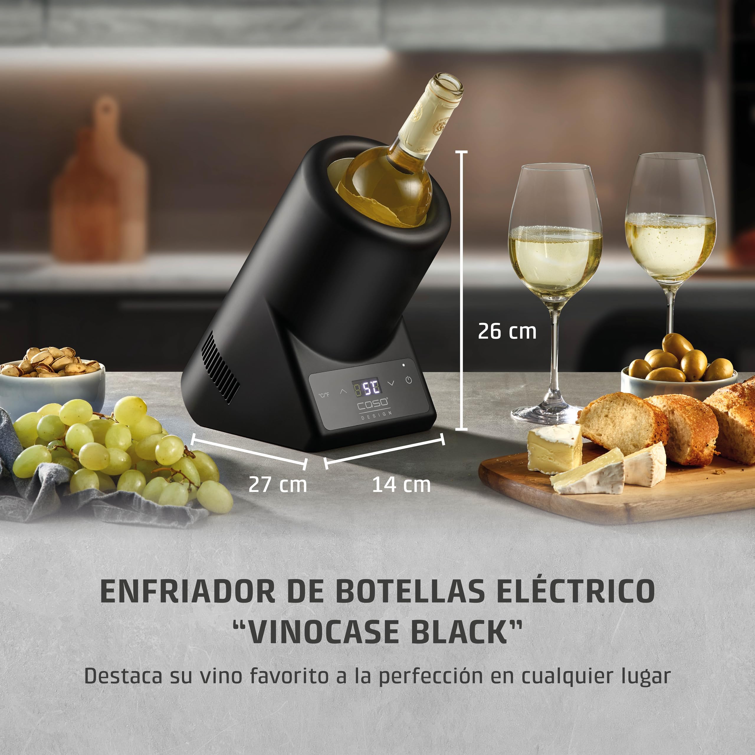 CASO VinoCase Enfriador para botella de vino, champán, etc., temperatura 5 – 18 °C, para botellas de hasta 9 cm de diámetro, funcionamiento silencioso, negro