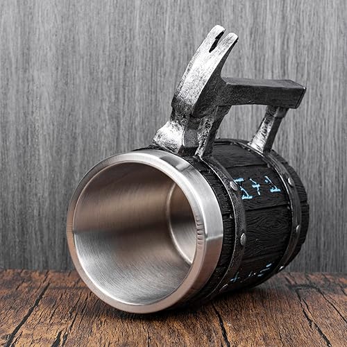 Miniatura 6 de KTOTKMOTA Nordic - Taza de martillo de runa vikinga acero inoxidable revestimiento de resina para cerveza jarra de tanque de cerveza decoración