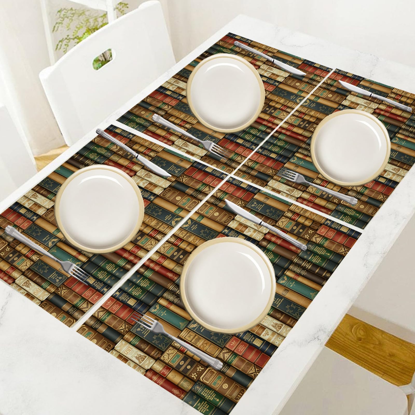 Set de Table Rétro - 8 Pièces Tapis de Table Livres en Coton et Lin 45×30cm Lavable Placemats Rectangulaire Réutilisable pour Salle à Manger, Salon