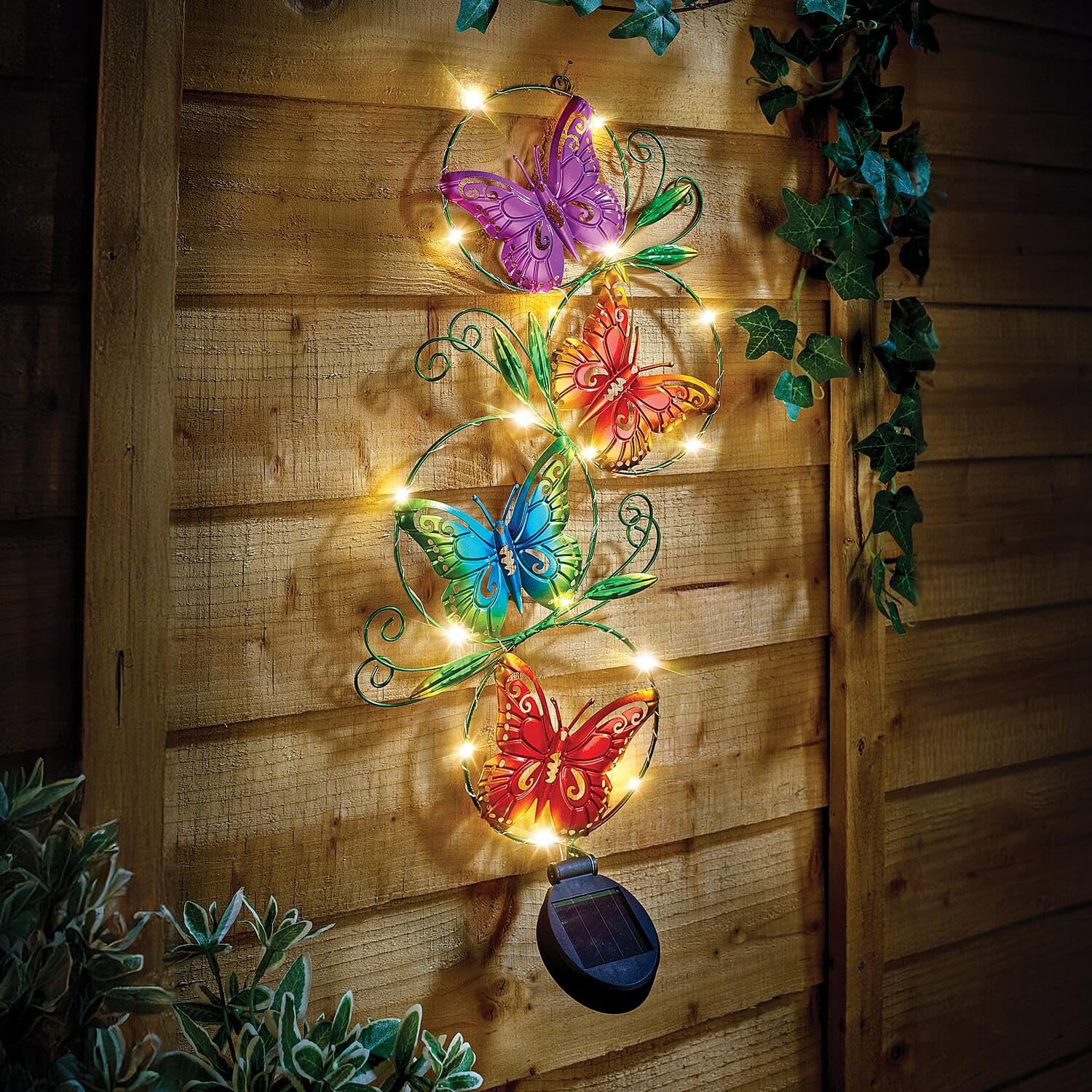 Coopers Of Stortford Multicoloured - Solar Butterfly Wall Art - Colourful Outdoor Wall Decoration With 16 Warm White Leds - Iridescent Finish For Day And Night Charm
