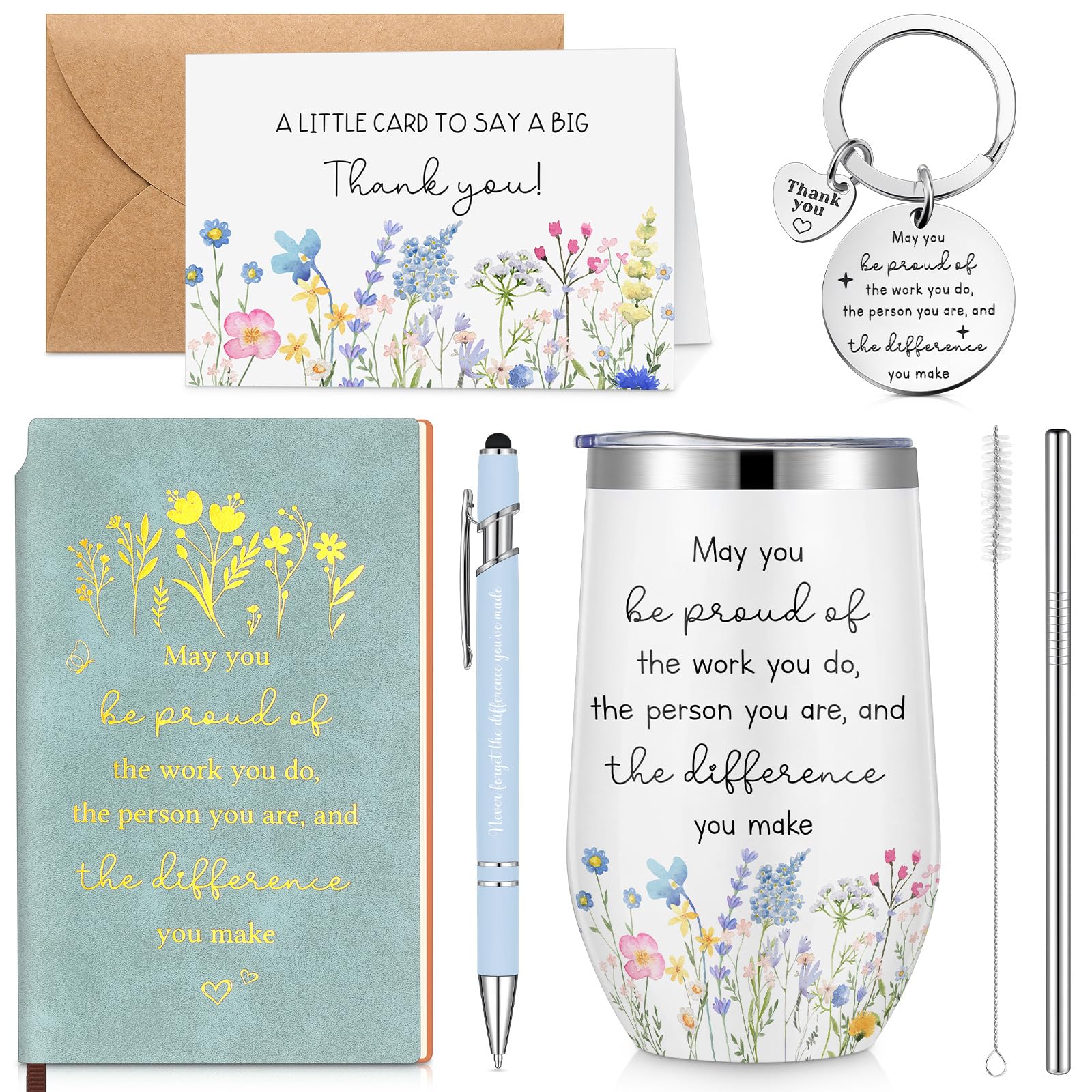 Hestya 6 Pcs Thank You Appreciation Gifts for Employee Women Blue Inspirational Tumbler Proud of the Work You Do Notebook Pen Envelope Card Motivational Keychain Christmas Decor for Colleague Teacher