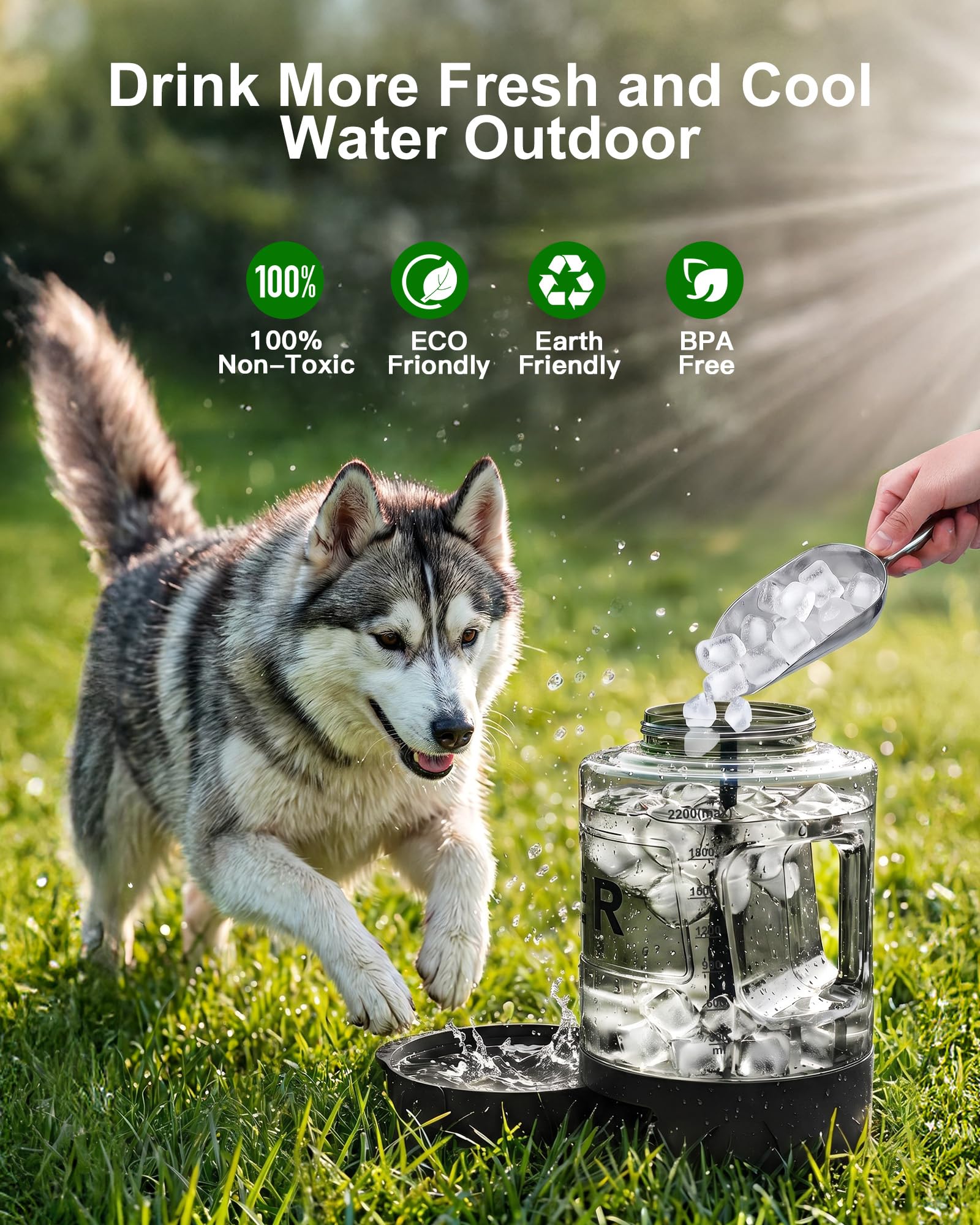 Botella de agua para perros de 76 onzas, dispensador grande de cuenco de agua para perros con cuenco extraíble, agua de viaje portátil para perro, accesorios de playa para perros, camping con perros,
