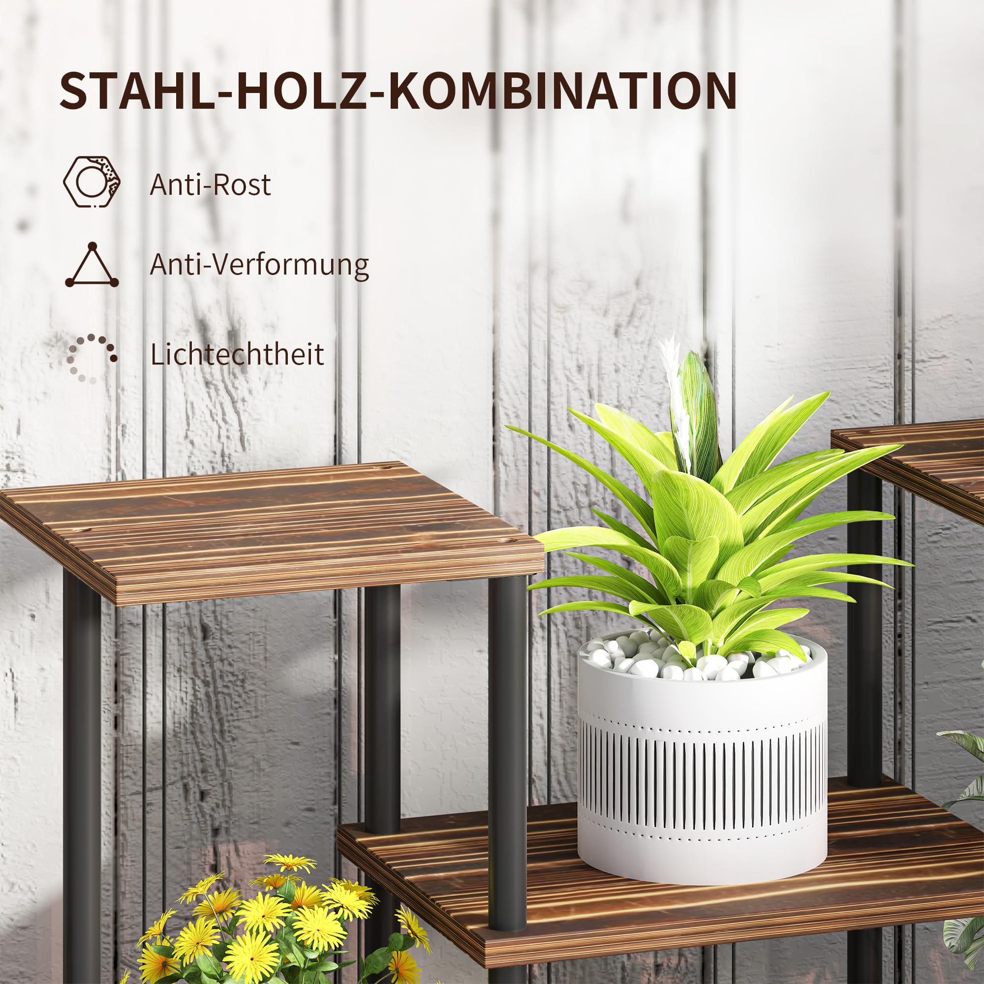 Outsunny 4-Etagen Pflanzenständer 61,5 cm Hoch Blumenständer Verkohlt | Pflanzenregal Holz, Mehrstöckig Blumentreppe, Blumenständer für Innen Außen, Blumentopfständer, Garten, Balkon