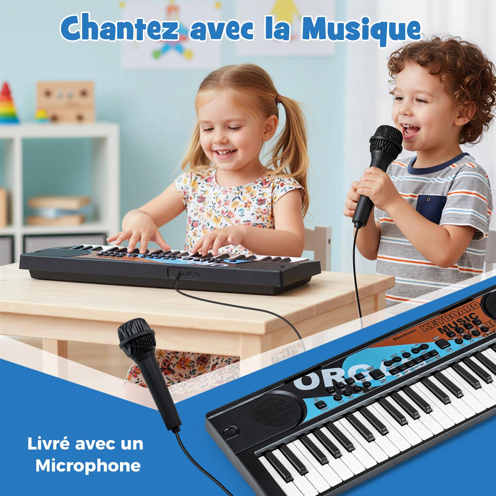 COSTWAY Clavier Piano Enfants 49 Touches avec Microphone, Piano Numérique Portable avec 8 Rythmes, 8 Tonalités, 10 Démos, Haut-parleurs, Jouet Musical Éducatif pour Garçons Filles 3 Ans+ (Noir)