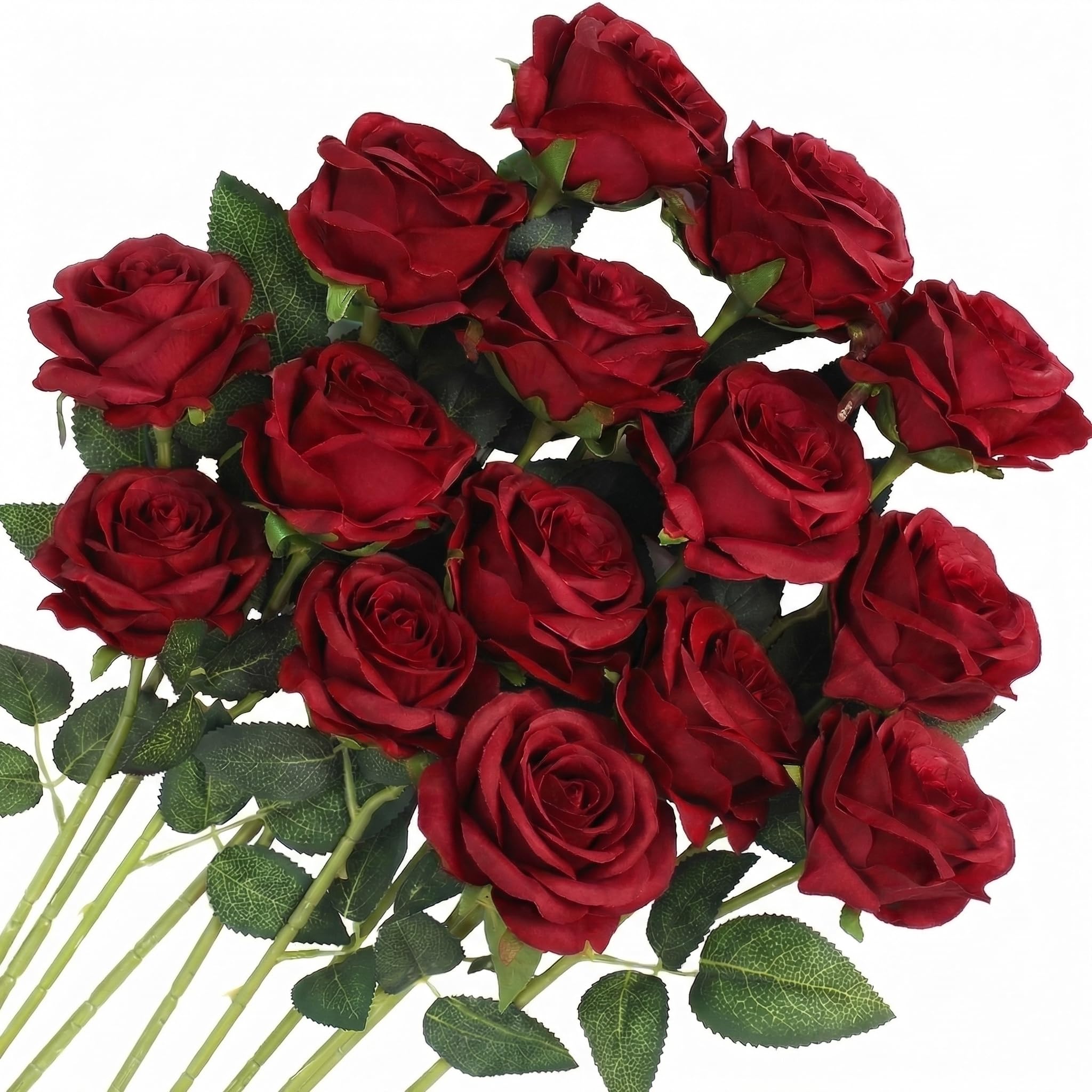 PNSXING 15 Dark red Artificial Velvet Roses, 50cm Faux Flower Stems for Wedding Bouquets, Home, Office, Party and Event Decoration, Single Stem 7cm Bloom Diameter