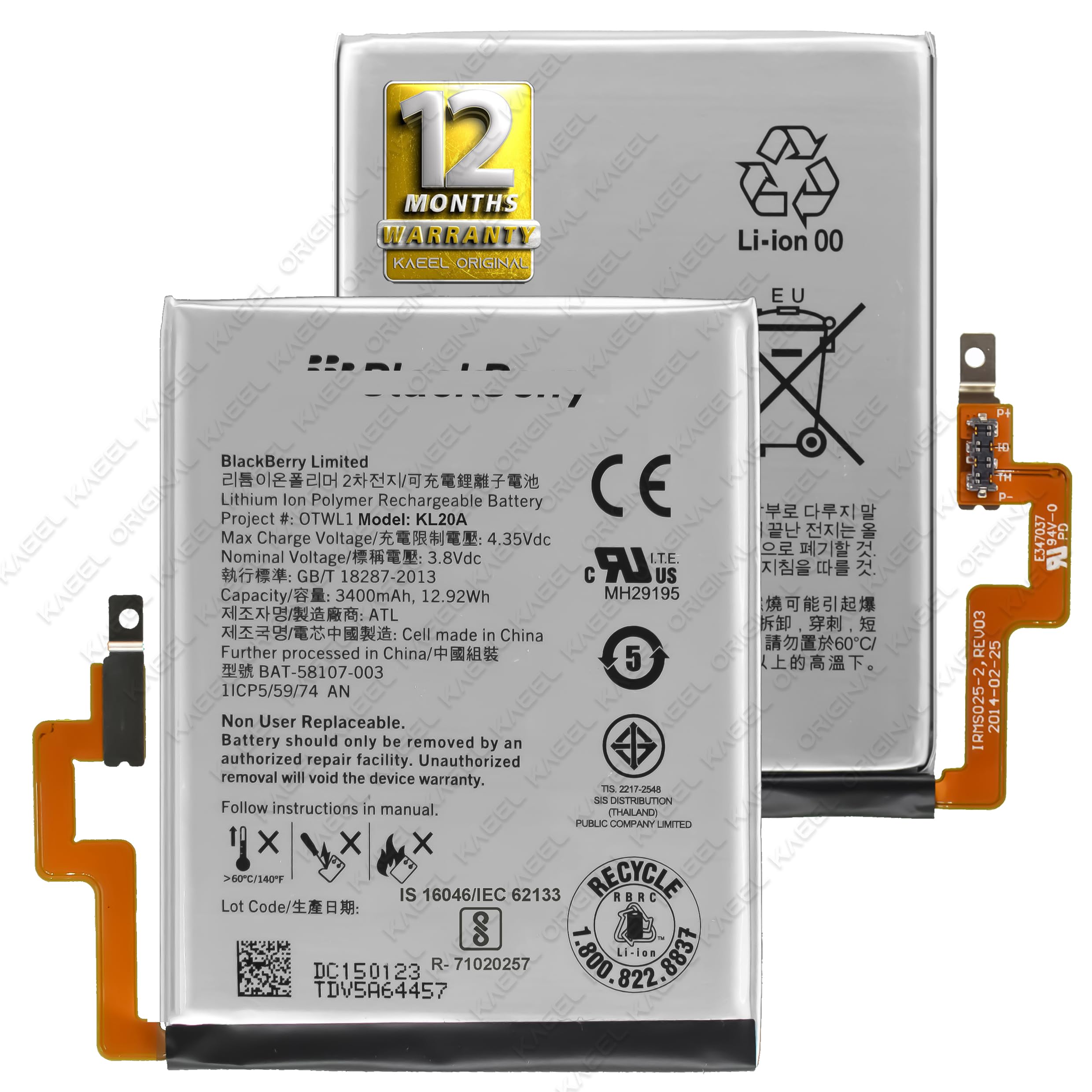 KAEEL ORIGINAL BAT-58107-003 Genuine Replacement for BlackBerry Passport 4G Q30 SQW100-1 SQW100-3 - 3400mAh - with 12 Months Warranty* (Black)