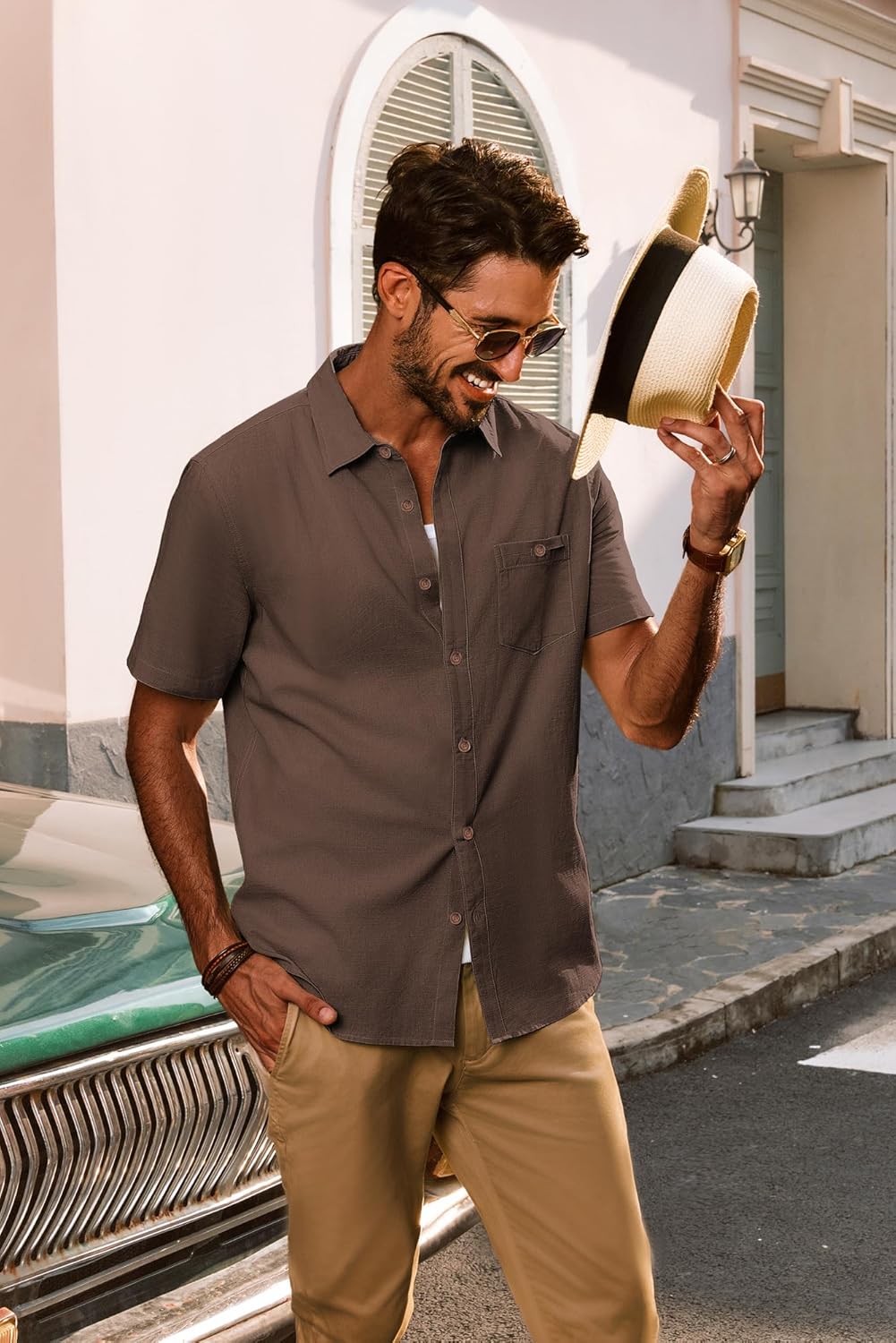 PJ PAUL JONES Mens Button Up Shirts Short Sleeve Untucked Shirts with Pocket for Summer Beach Vacation - Image 3