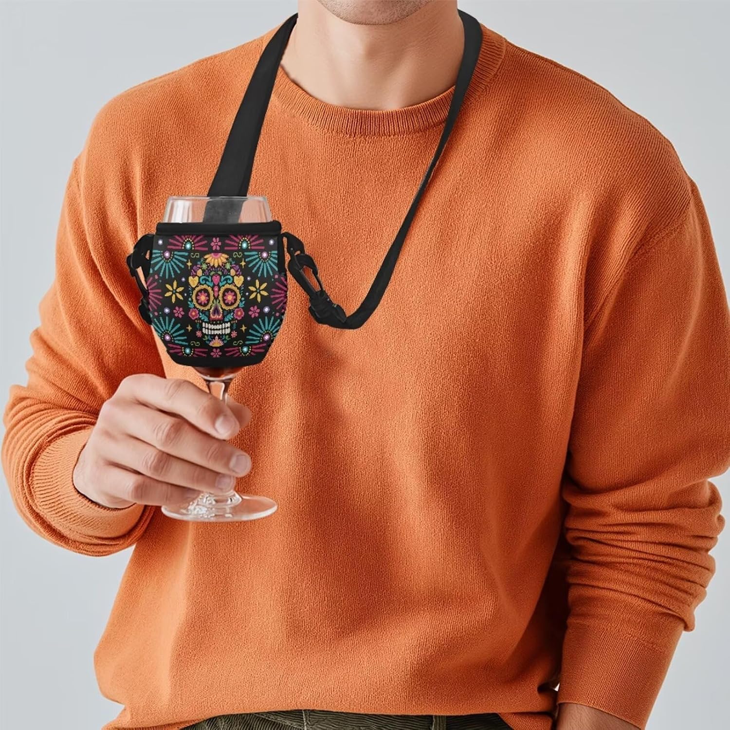 Skull Flower Print Wine Glass Sleeve Large Neoprene Stemless Wine Glass Insulator Lanyard Hand Free Drink Holder with Neck Strap for Cocktail Festival