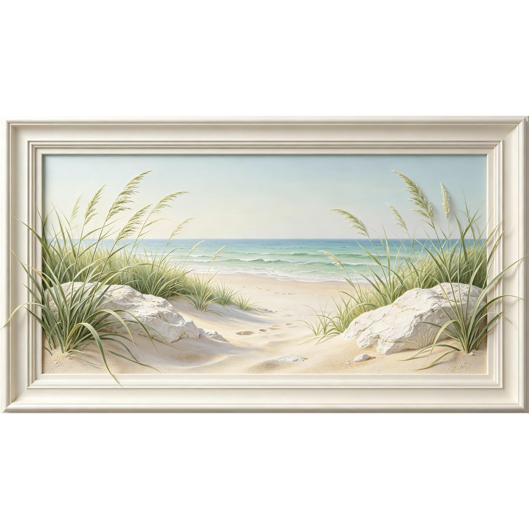 QZLITHOTIC 50×90cm3D Framed Wall Art， Coastal Ocean Shoreline Sand Dune Beach Scene Self?Adhesive Mural， Water?Activated Peel & Stick Fabric Decor Wall Decal for Bedroom Living Room