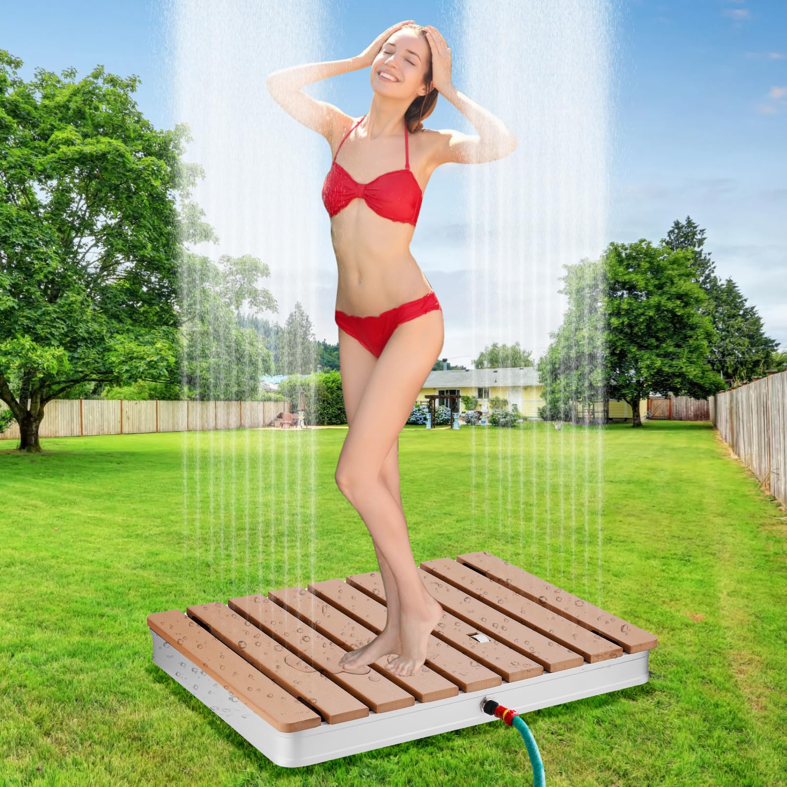Tillvex® Tuindouche, Outdoor, Tot 4 M Fonteinhoogte, Ronde Vloerdouche Met Voetwiel Buitendouche Antislip Sauna Douche Weerbestendig Campingdouche Van Aluminium Wpc Houtlook