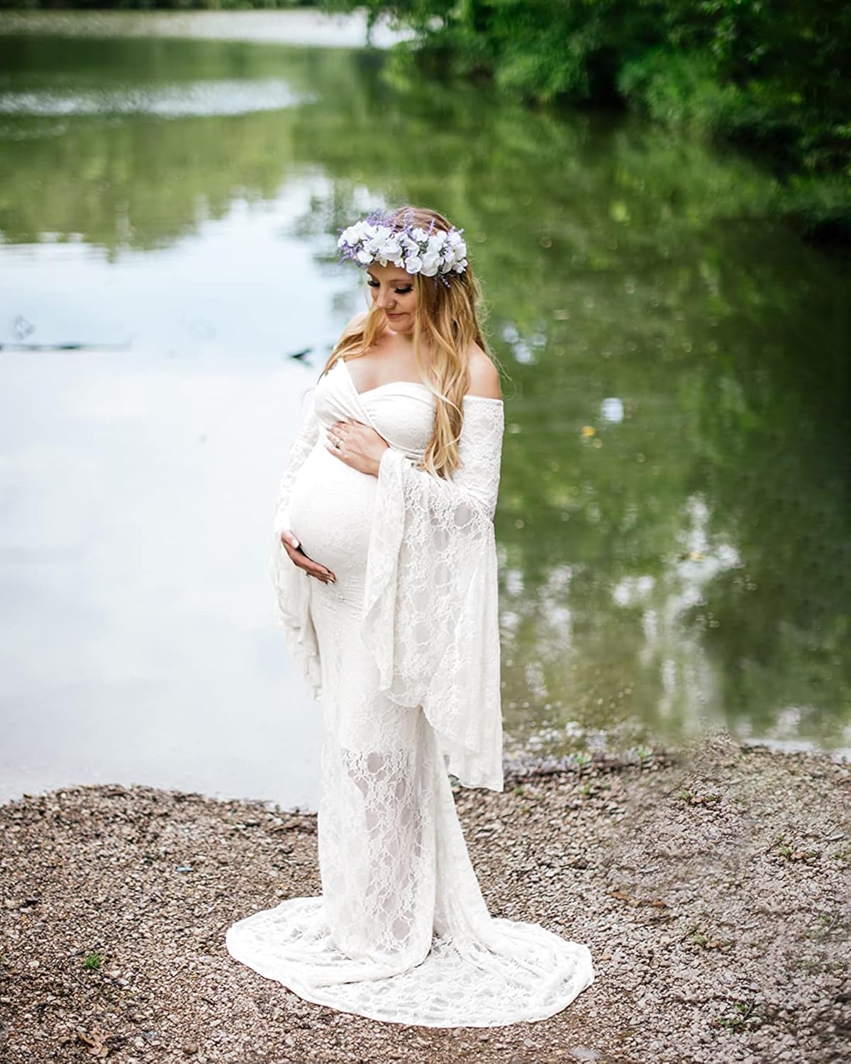 Saslax Off Shoulder Lace Maternity Dress for Photography Maxi Maternity Props Dresses for Photo Shoot Baby Shower - Image 5