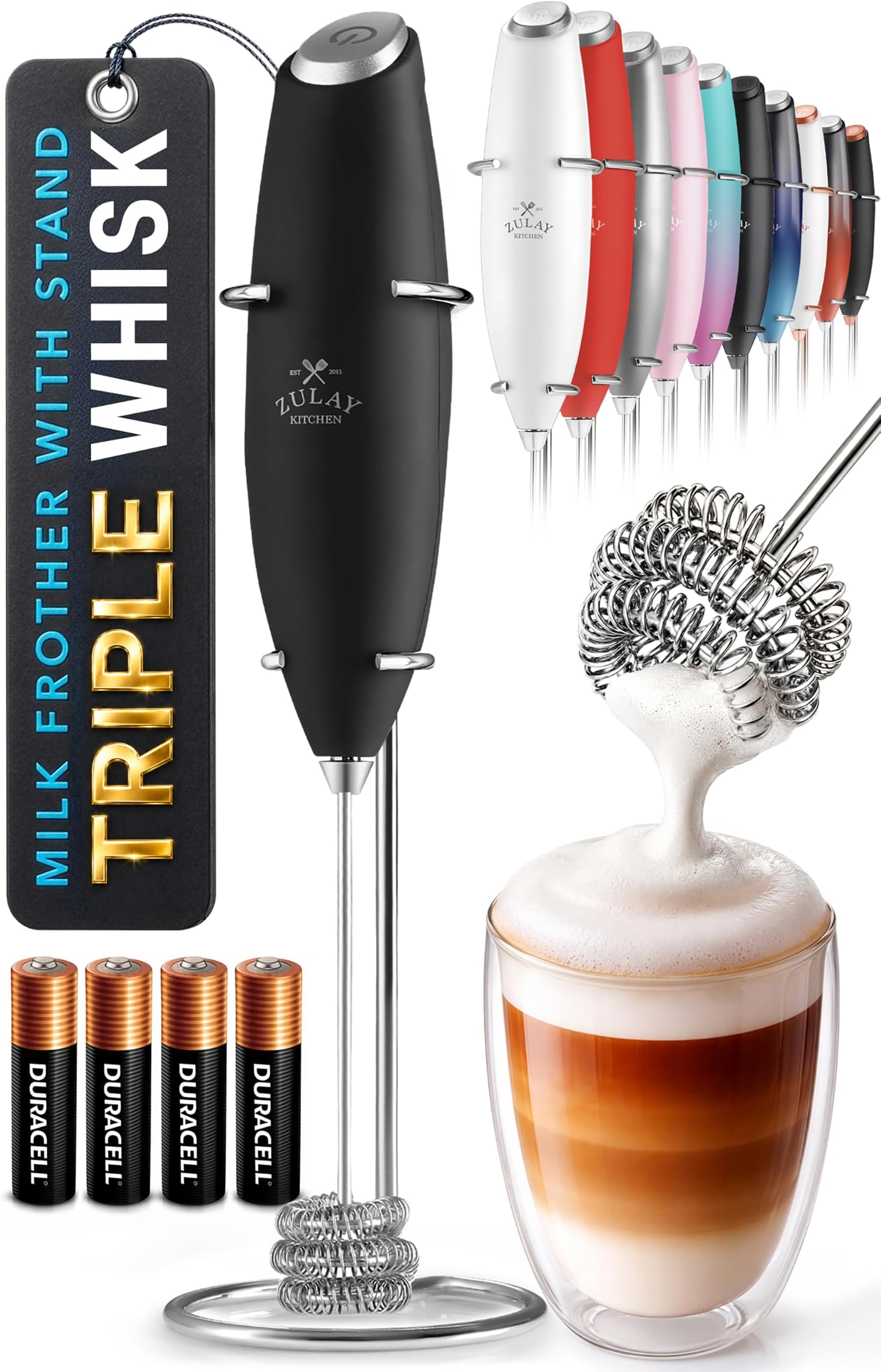 Zulay Kitchen Powerful Milk Frother Wand With Duracell Batteries - Ultra Fast Handheld Drink Mixer - Electric Whisk Foam Maker for Coffee, Lattes, Cappuccino & Matcha - Triple Whisk - Black