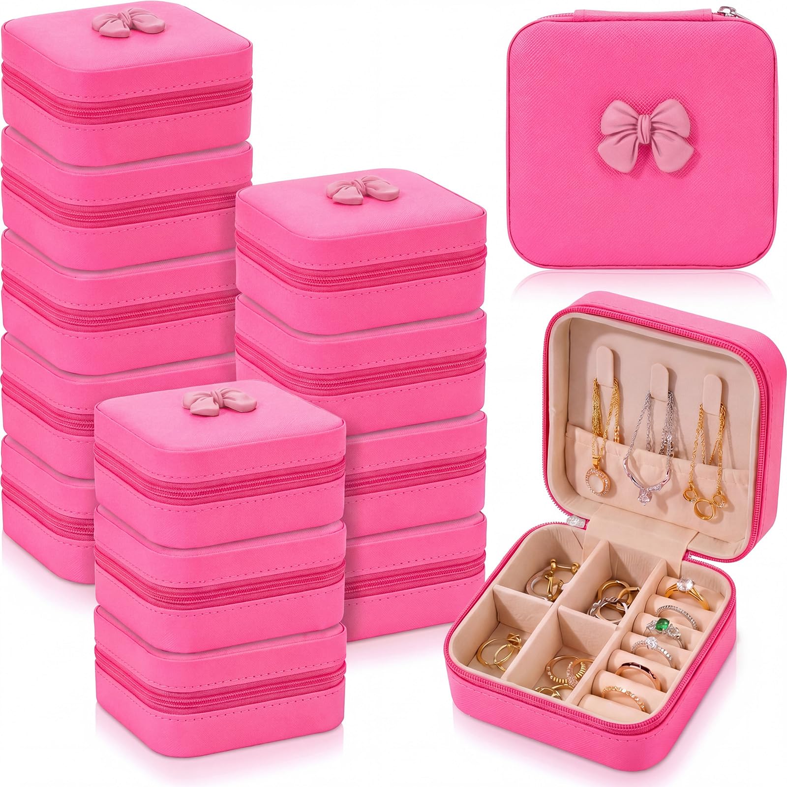 Nosiny 12 Pcs Mini Bridesmaid Jewelry Organizer Box Bow Case Bulk Rose Red | Portable Travel Storage for Earring Ring, PU Zipper, Bulk Proposal Gift for Women, Wedding Bridal Shower Birthday Party Favor