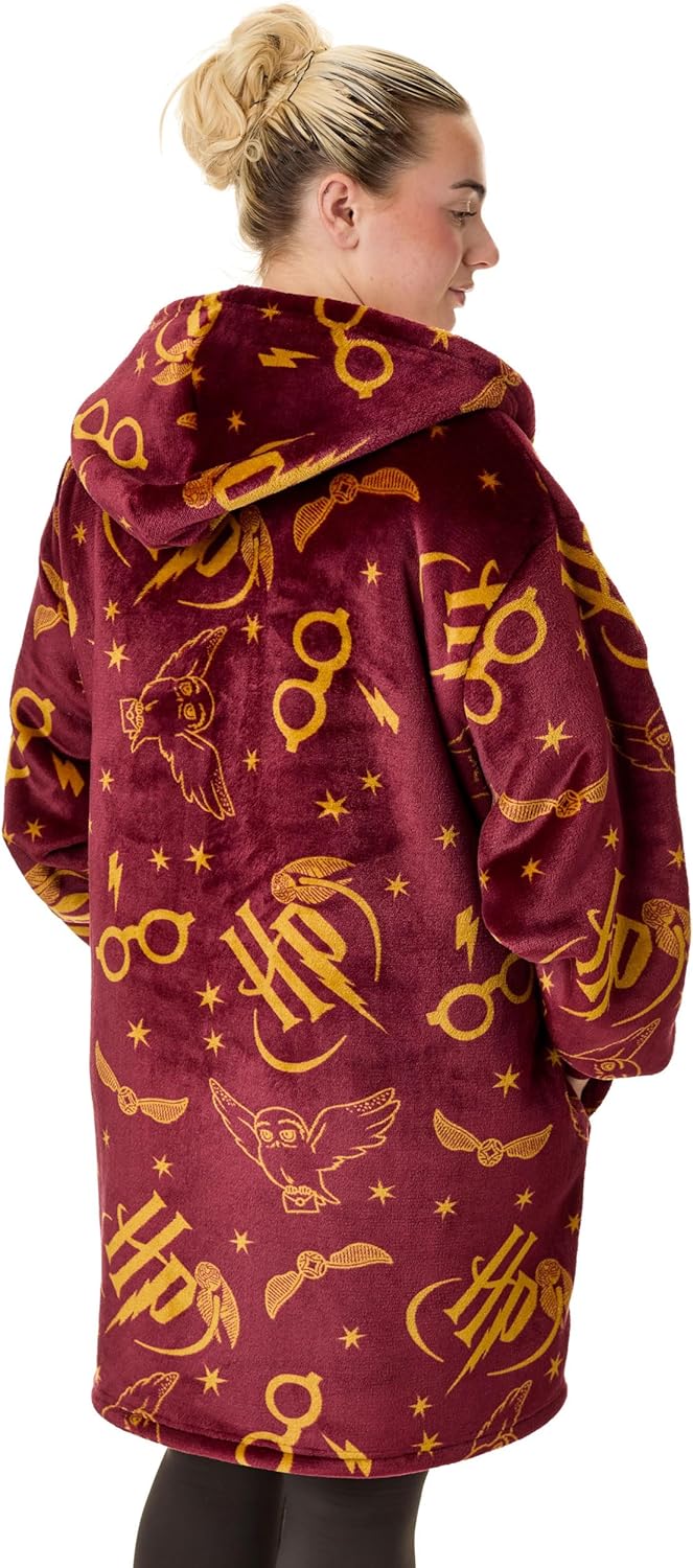 Harry Potter Womens Wearable Blanket Hoodie | Adults Hooded Zip Fleece in Burgundy | HP Hedwig Owl Print Sherpa Loungewear