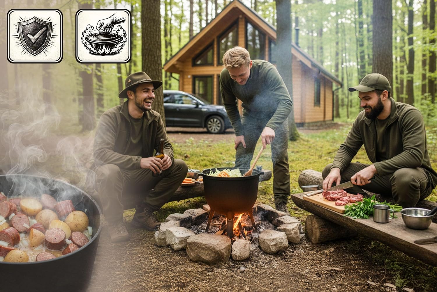 Berdsen Cast Iron Pot 11 L Dutch Oven - Fire Pot for Campfire and Grill - Even Cooking - with 3 Legs and Hanging Bracket - Includes Recipe Book - Black