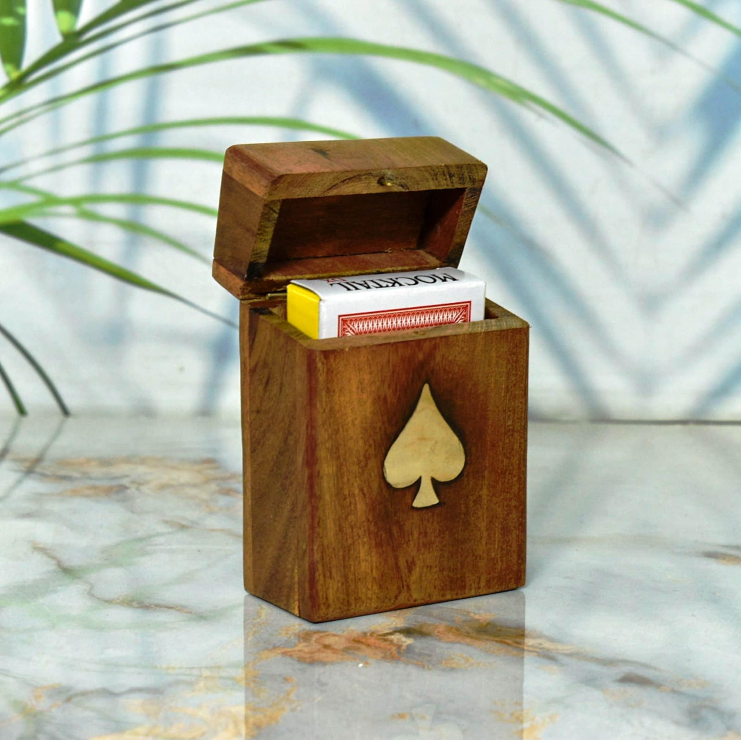 India House - Porta Carte da Gioco, Scatola di Legno Fatta a Mano per Carte con Intarsio in Ottone, Regalo per Anniversario e Compleanno "Made in India" (Design 3)