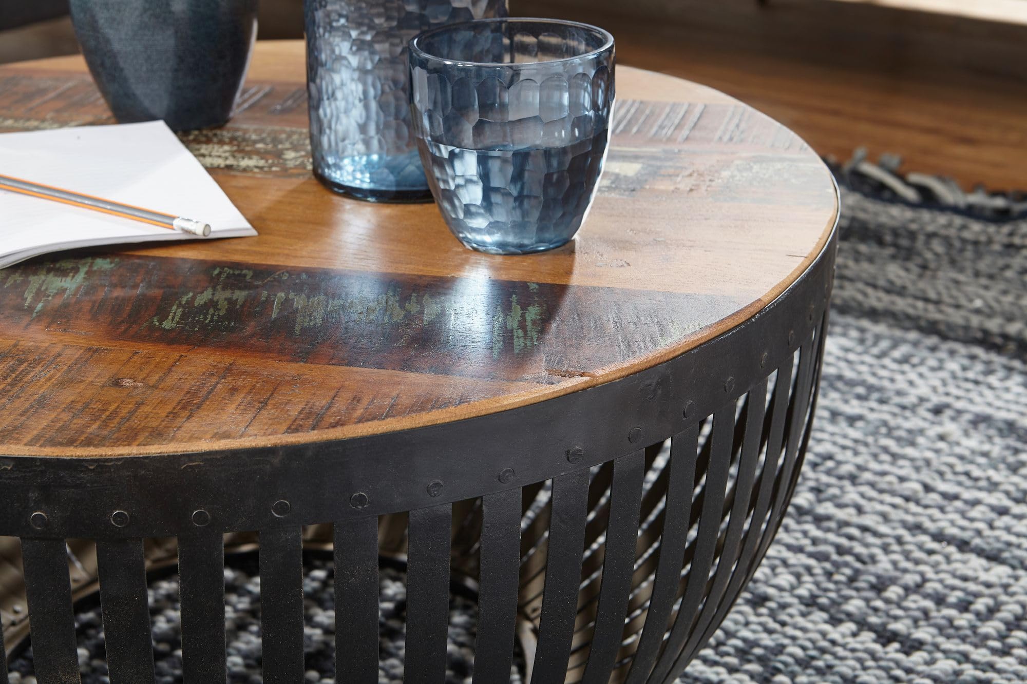 FineBuy Couchtisch 70x33x70 cm Holz/Metall Wohnzimmertisch Industrial, Clubtisch Tisch Wohnzimmer, Sofatisch mit Metallgestell, Loungetisch massiv, Design Stubentisch rund Braun
