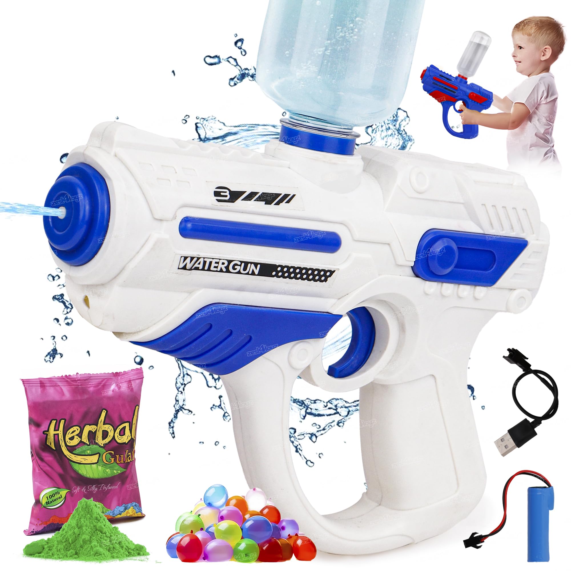 Zest 4 Toyz Holi Pichkari Water Gun for Kids Electric Pichkari Water Gun with 1 Pkt Herbal Gulal and 100 Water Balloons for Boys and Girls- Holi Celebration