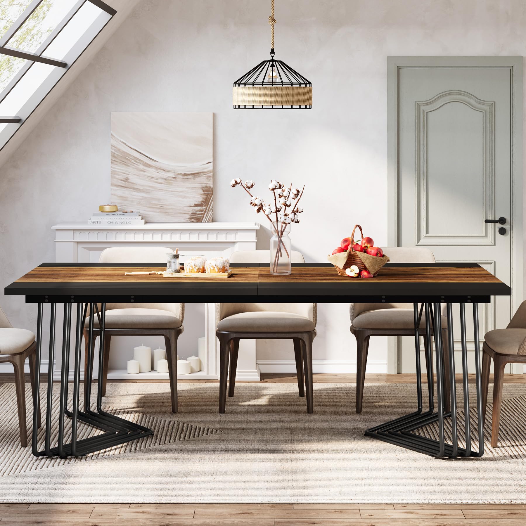 Tribesigns Mesa de comedor rectangular para 8-10 personas, mesa de cocina industrial grande de 200 cm, mesa de comedor para sala de estar, cocina, estructura de metal, marrón rústico