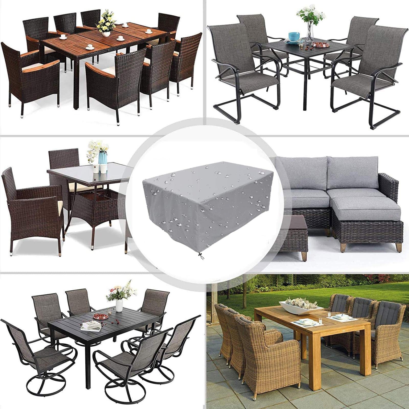 Set di coperture per mobili da esterno in tessuto Oxford 420D, resistente agli strappi, resistente ai raggi UV, antivento, impermeabile, grigio argento, adatto per divano e sedie in rattan, 290 x 110