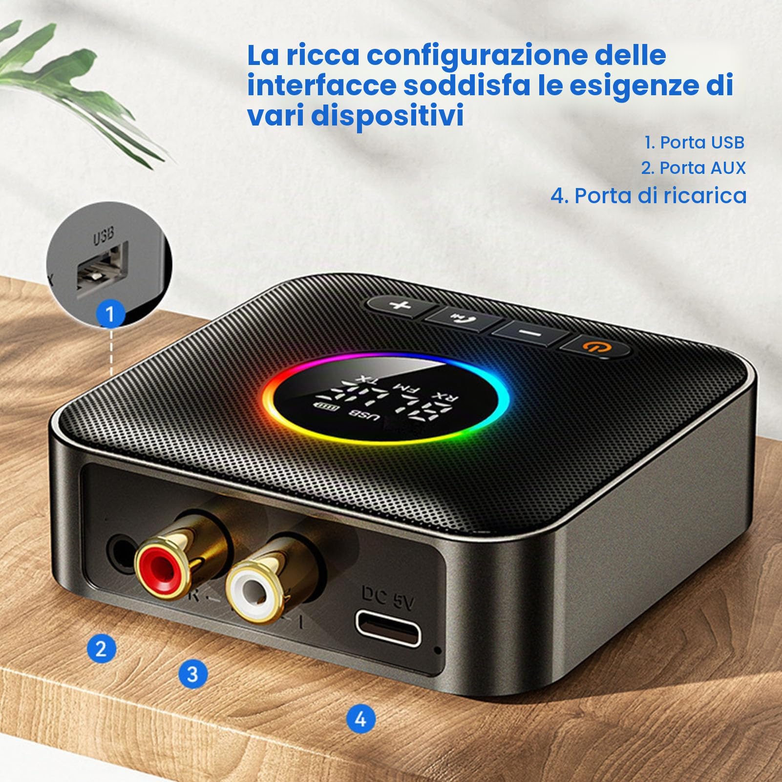 Ricevitore Trasmettitore Bluetooth 6.0 per TV, Adattatore Audio Wireless 3 in 1 con Trasmettitore FM, Display Digitale a LED, USB AUX da 3,5 Mm per Stereo Domestico, Luce RGB