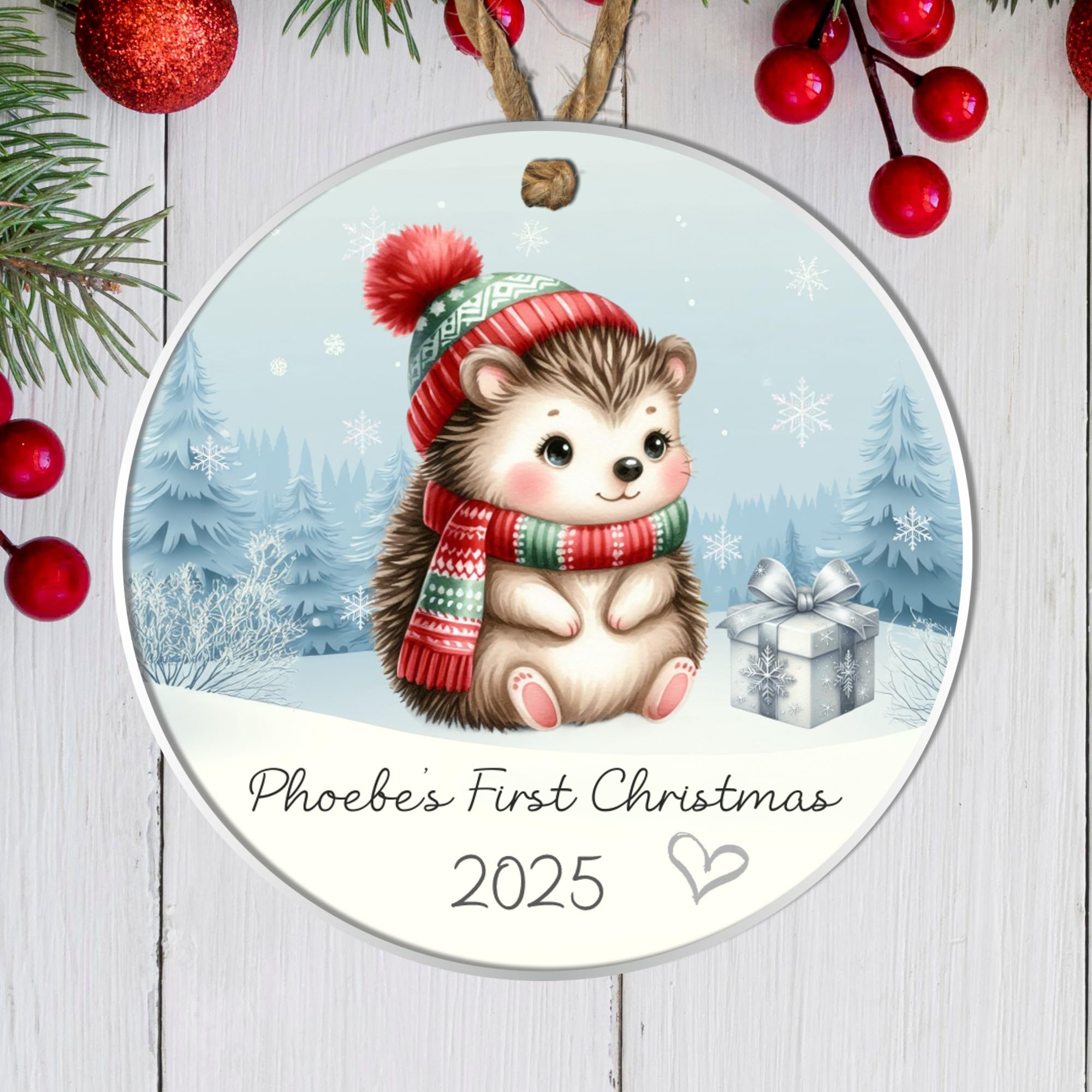 Whimsical Personalised Baby's First Christmas Animal Hanging Bauble Cute 1st Christmas Keepsake Tree Decoration Gift (Hedgehog, Acrylic - Indoor & Outdoor Use)