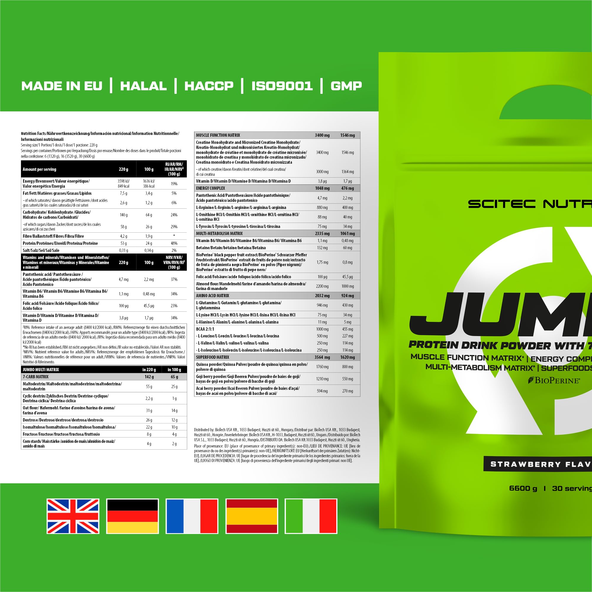Scitec Nutrition Jumbo - Ganador de Peso Alto en Calorías - con Proteína Multi-Componente - Matriz de Aminoácidos - Matriz Metabólica - Mezcla de Superalimentos, 6,6 kg, Fresa