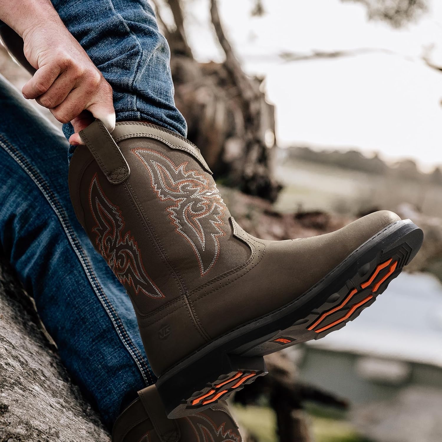 NINGO Men's Cowboy Boots Square Steel Toe, Full-Grain Leather & Oxford Splicing, Non-Slip Western Comfortable Work Boots with EH Protection, for Construction, Farming and Outdoor Work - Image 2