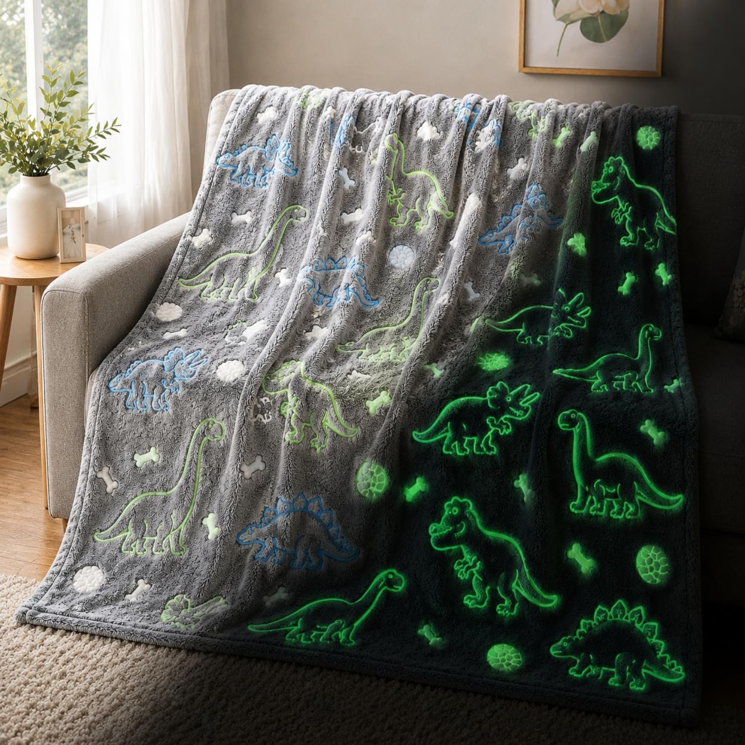 Toy Imagine Glow Blanket for Kids 3–10 Years 150 x 120 cm Glow in The Dark Blanket Soft Flannel Fleece Throw Soft Cozy Warm All Season Blankets for Boys and Girls Gift (Dinosour Design Grey)-image-43
