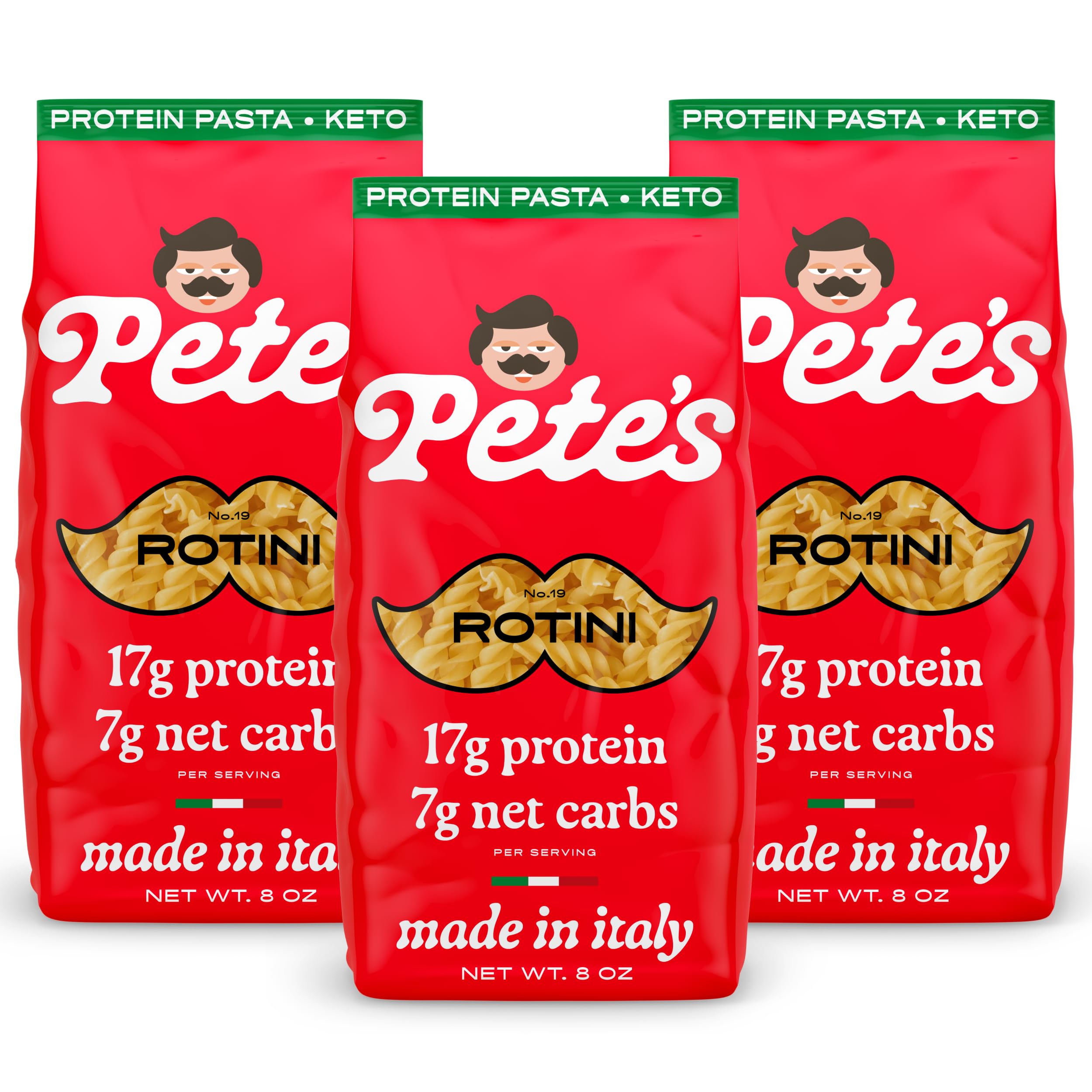 High Protein, Low Carb Pasta | Rotini with 17g Protein, 7g Carbs | Healthy, Keto Pasta Made in Italy | 3-Pack, 8oz - Pete’s Pasta