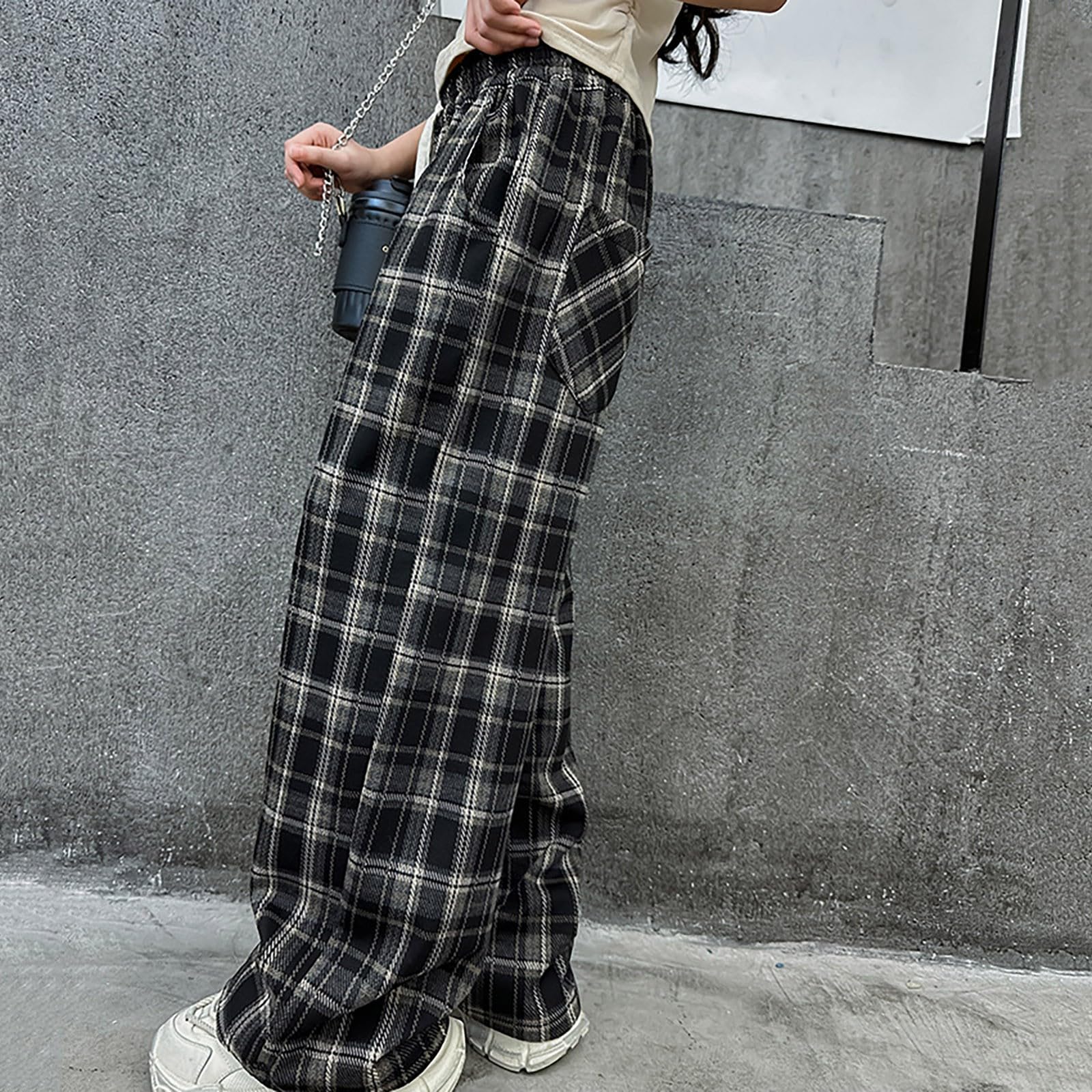 Pantaloni foderati in pile per ragazze, a quadri, larghi, comodi, morbidi, caldi, invernali, casual, eleganti, per la scuola