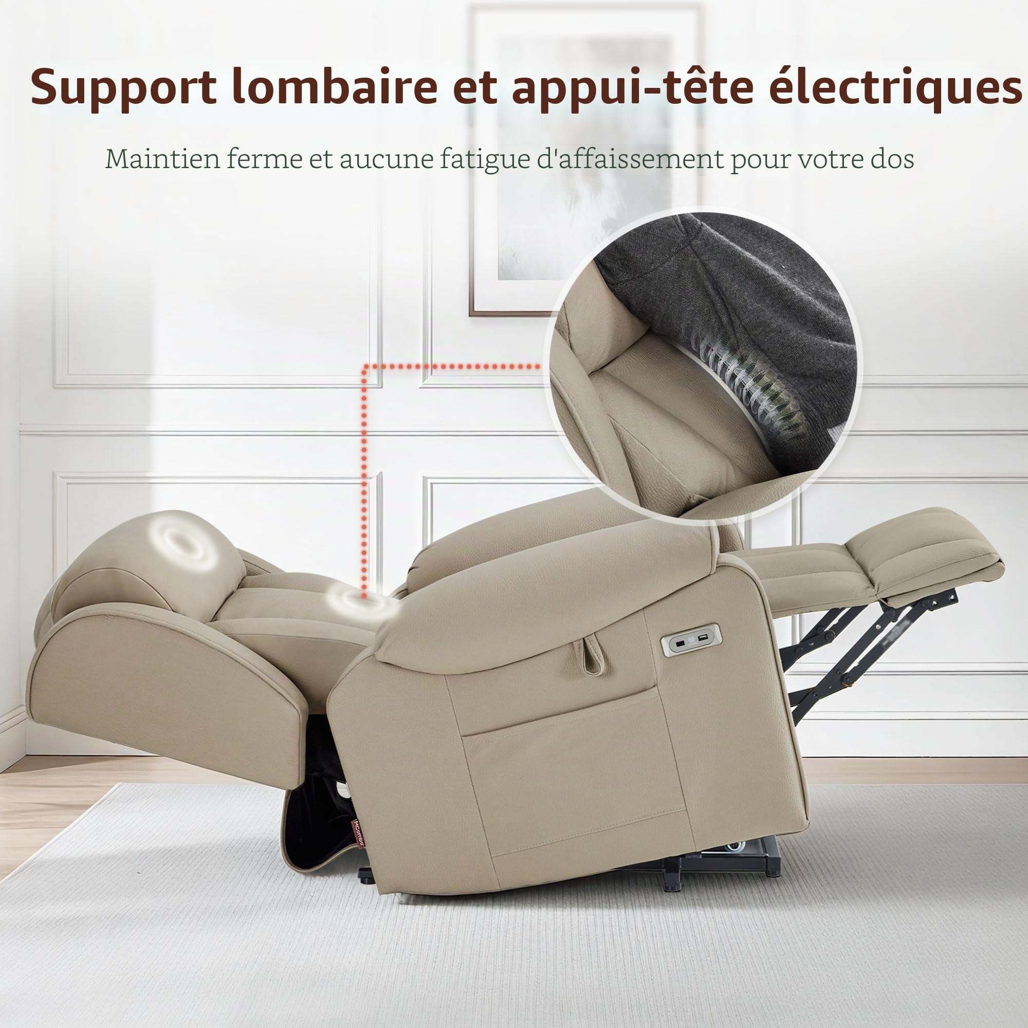 M MCombo Fauteuil TV 4 Moteurs avec Aide à la montée, électrique, Lombaire et Appui-tête réglables, zéro gravité 165°, Massage et Chauffage 7558 (Microfibre, Beige-Brun)