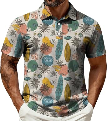 Mens Short Sleeve Golf Polo Hawaiian Print V Neck Polo Shirts for Golf Casual Beach Vacation Outfits