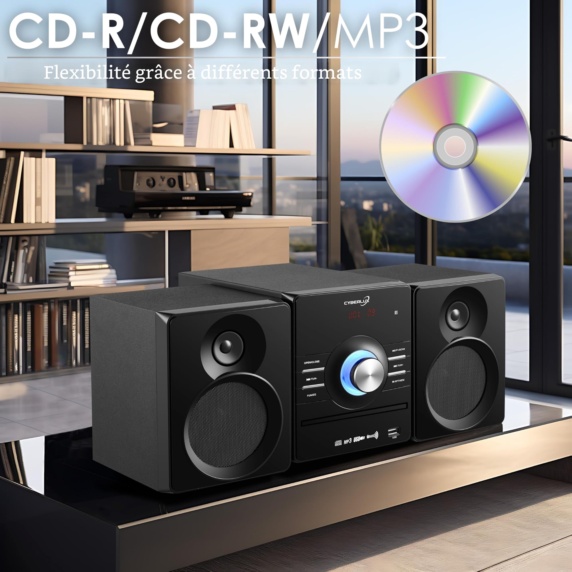 Système compact HiFi stéréo Bluetooth | Mini chaîne CD USB AUX FM 30 mémoires LED