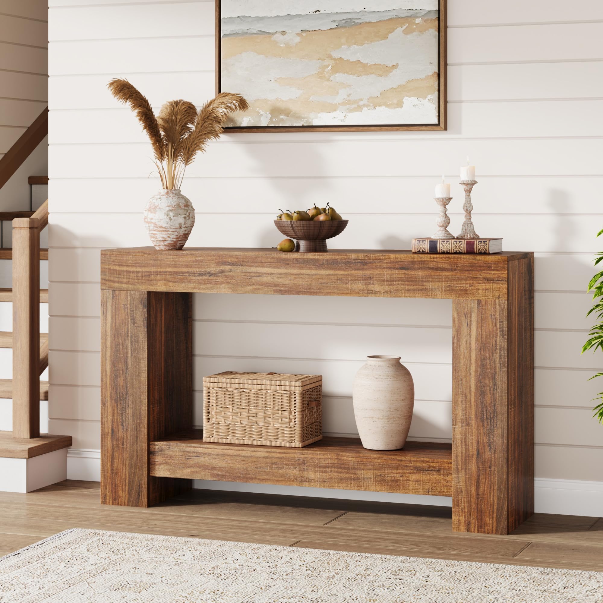 Garvee Mesa Consola Rústica De Madera para Entrada y Comedor - Diseño Compacto y Funcional con Doble Nivel y Estante Abierto Pasillos y Salones - Montaje Sencillo