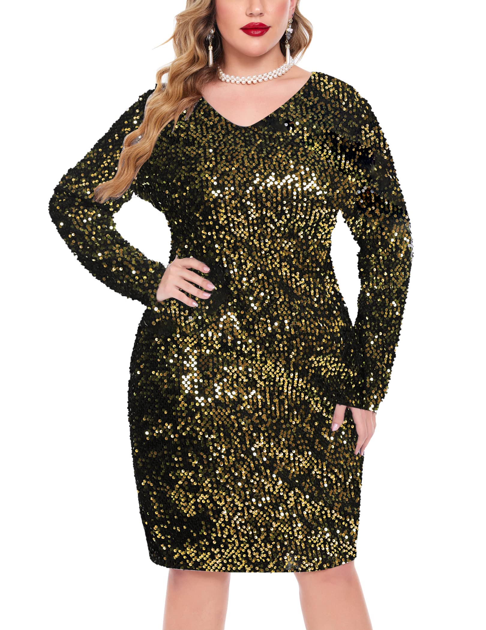 IN'VOLAND Womens Sequin Dress Plus Size V Neck Party Cocktail Dresses