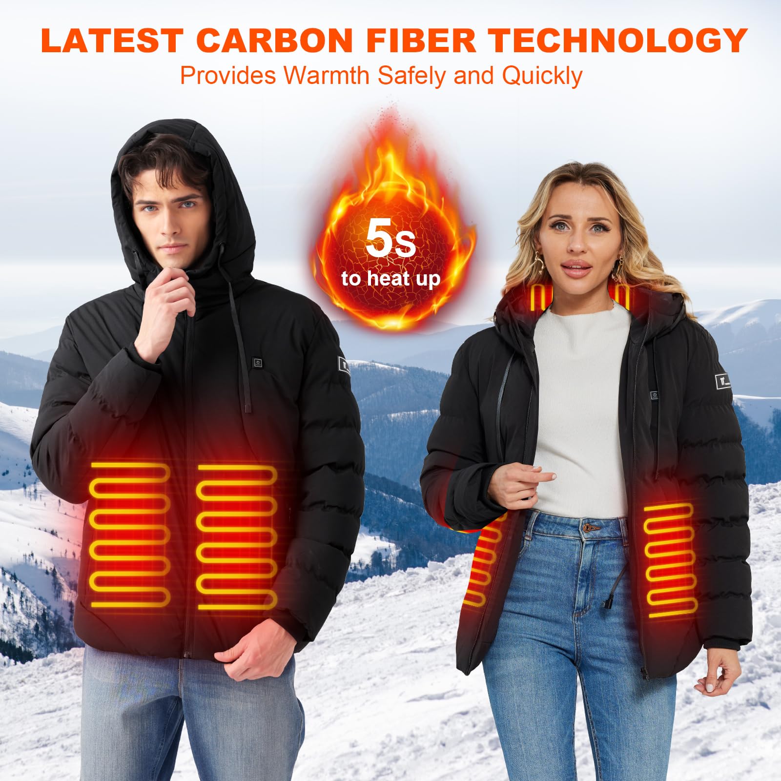 Chaqueta Calefactable Capucha con Batería para Hombre y Mujer, 4 Zonas de Calefacción, 3 Niveles de Temperatura, Impermeable, Abrigo Térmico para Esquí, Senderismo, Trabajo