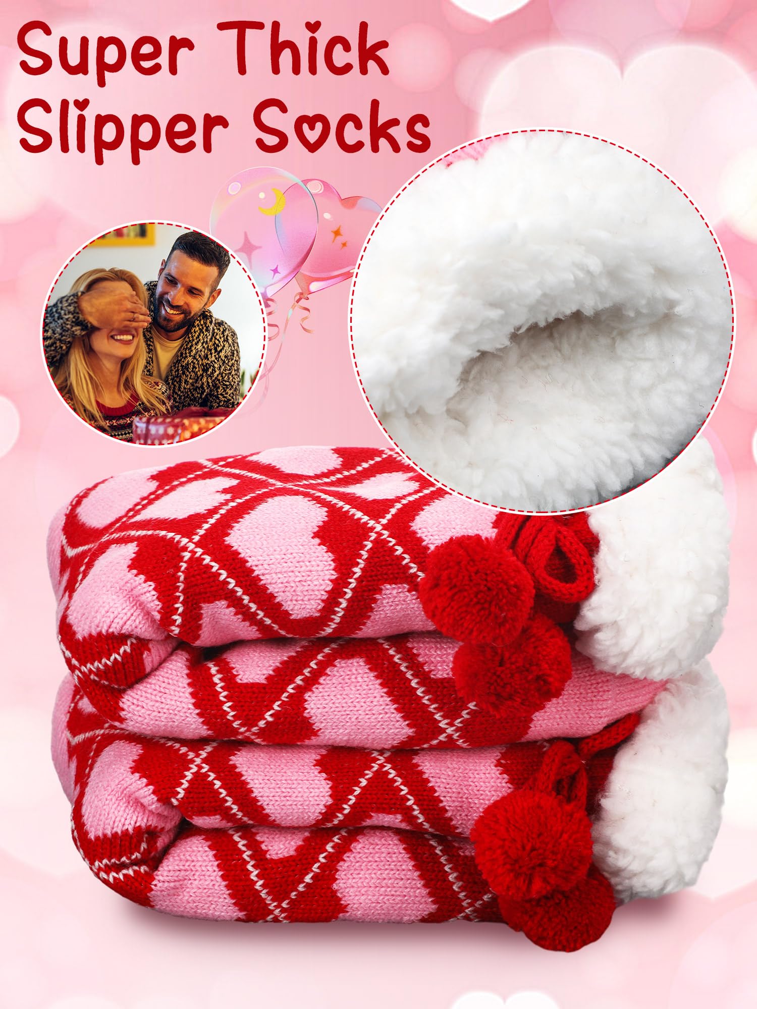 Berlune Galentines Day flauschige Hausschuhsocken für Damen, rutschfest, flauschig, Winter, warm, Lamm-Fleece, Herzsocken, für Freundin, die besten Freunde, Valentinstagsgeschenke, 6 Paar