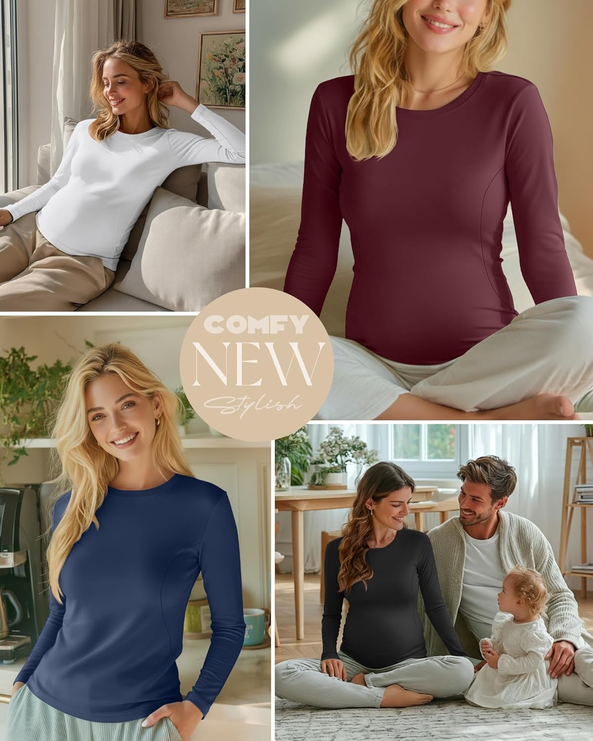 4 Pack Women's Nursing Breastfeeding Tops, Long Sleeve Maternity Shirts Loose Fit Hidden Zipper Pregnancy Clothes - Image 2