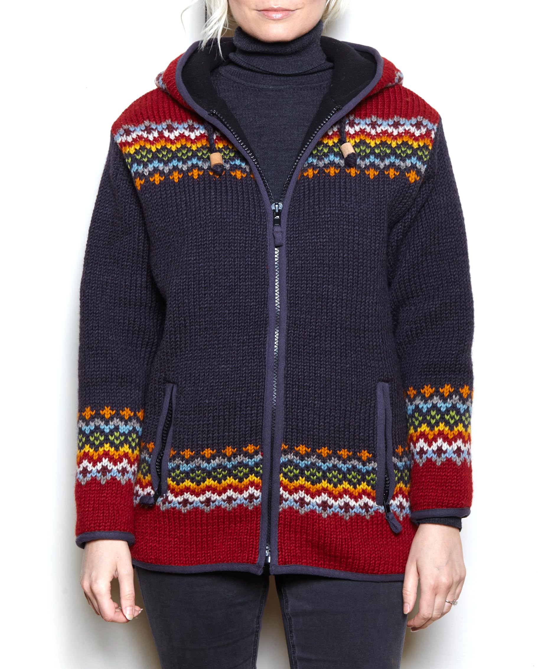 Pachamama Women Wool Zipped Hoody Fleece Lined Handknitted Fair Isle Multicoloured Handmade Extra Warm Hoodie Fair Trade (Med UK 12-14)