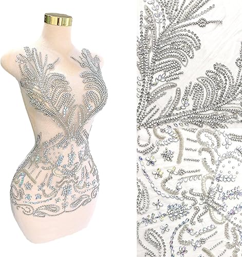 Miniatura 4 de Grandes parches de cristal con cuentas hechas a mano con diseños de apliques de diamantes de imitación para vestido formal de baile (L18-silverAB)