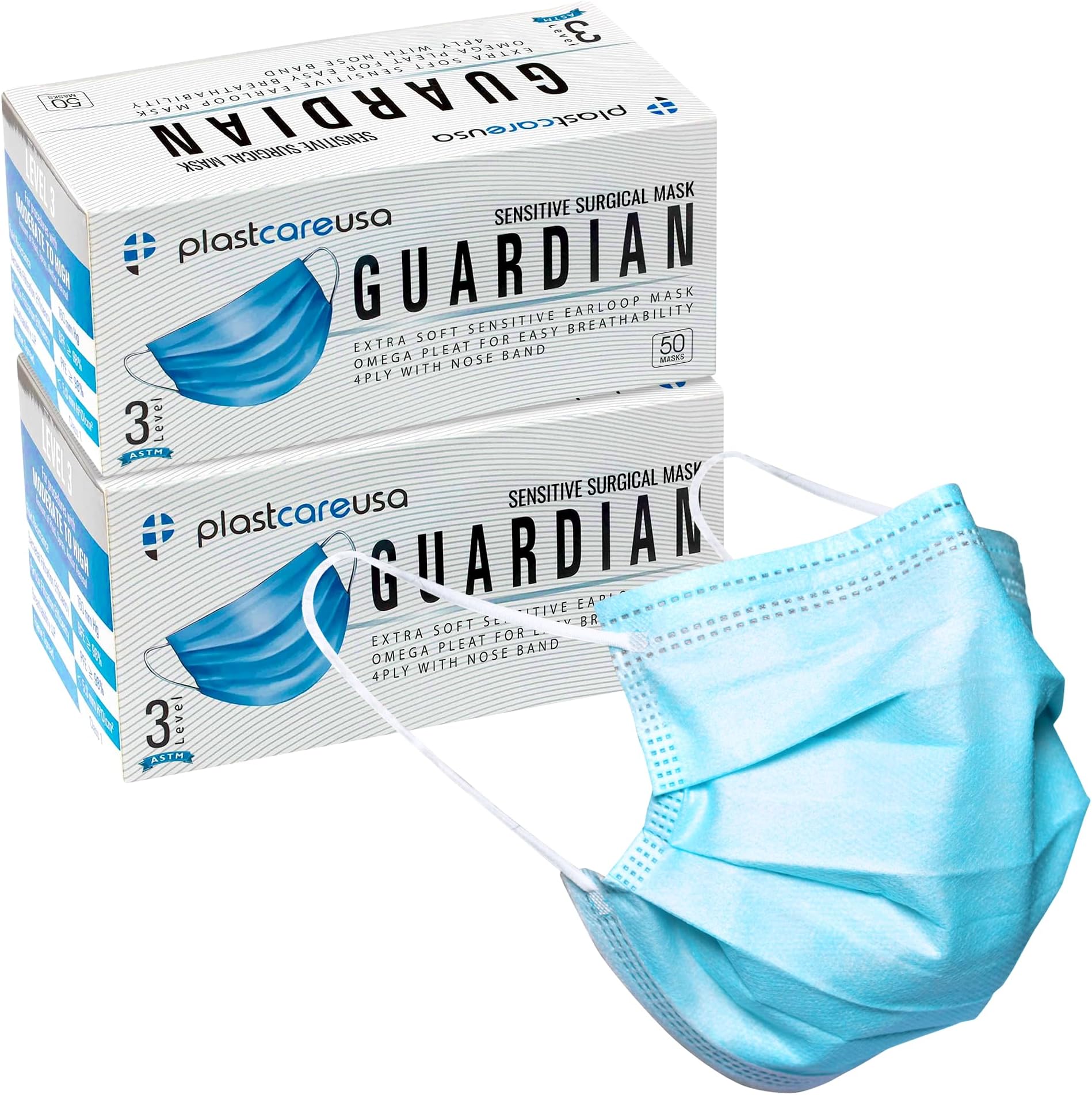 PlastCare USA 100 4-Ply ASTM Level 3 Face Masks, Disposable (Blue) (2 Boxes of 50)